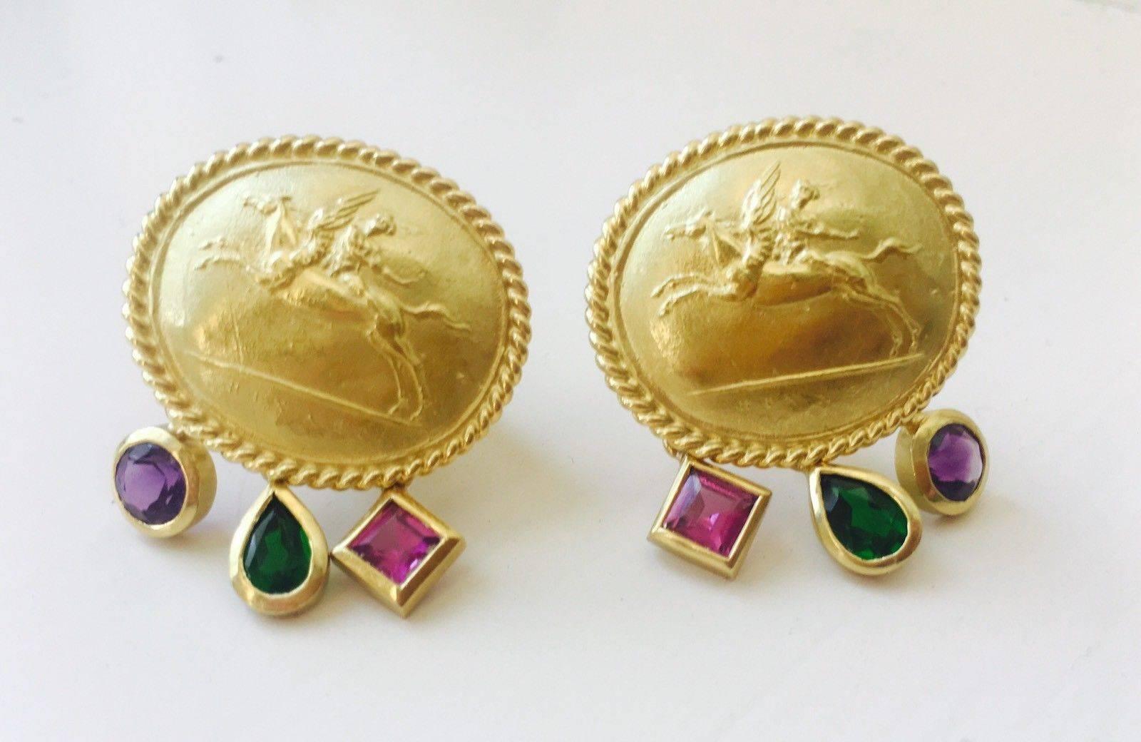 Seidengang Athena 18 Karat Gold Garnet Diopside Amethyst Drop Dangle Earrings For Sale 2