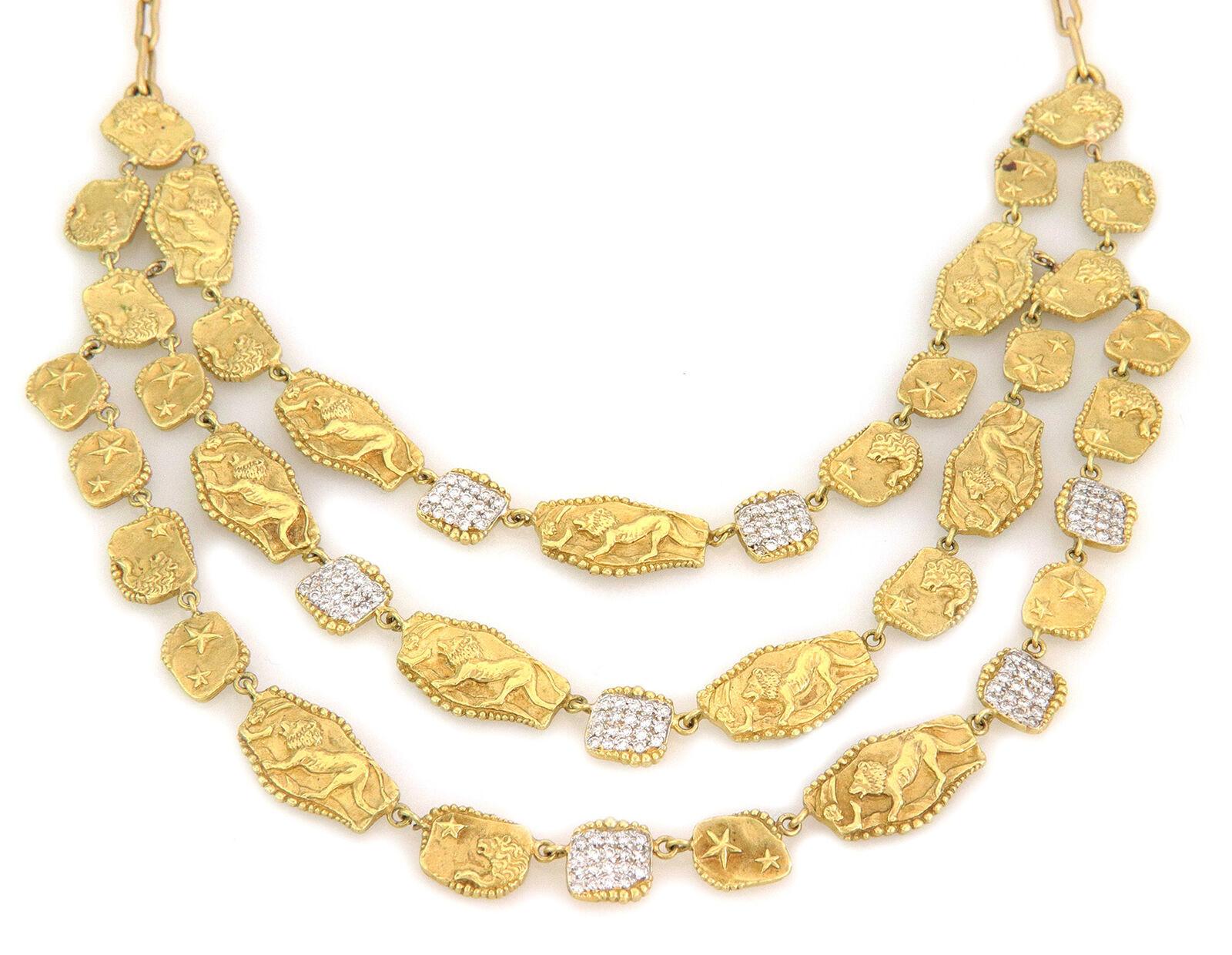 This is a stunning authentic necklace by Seidengang Athena collection, crafted from 18k yellow gold featuring a bib style with a triple strand of assorted shape and size gold plaque motifs with fine bead edge, the smaller shapes are decorated with