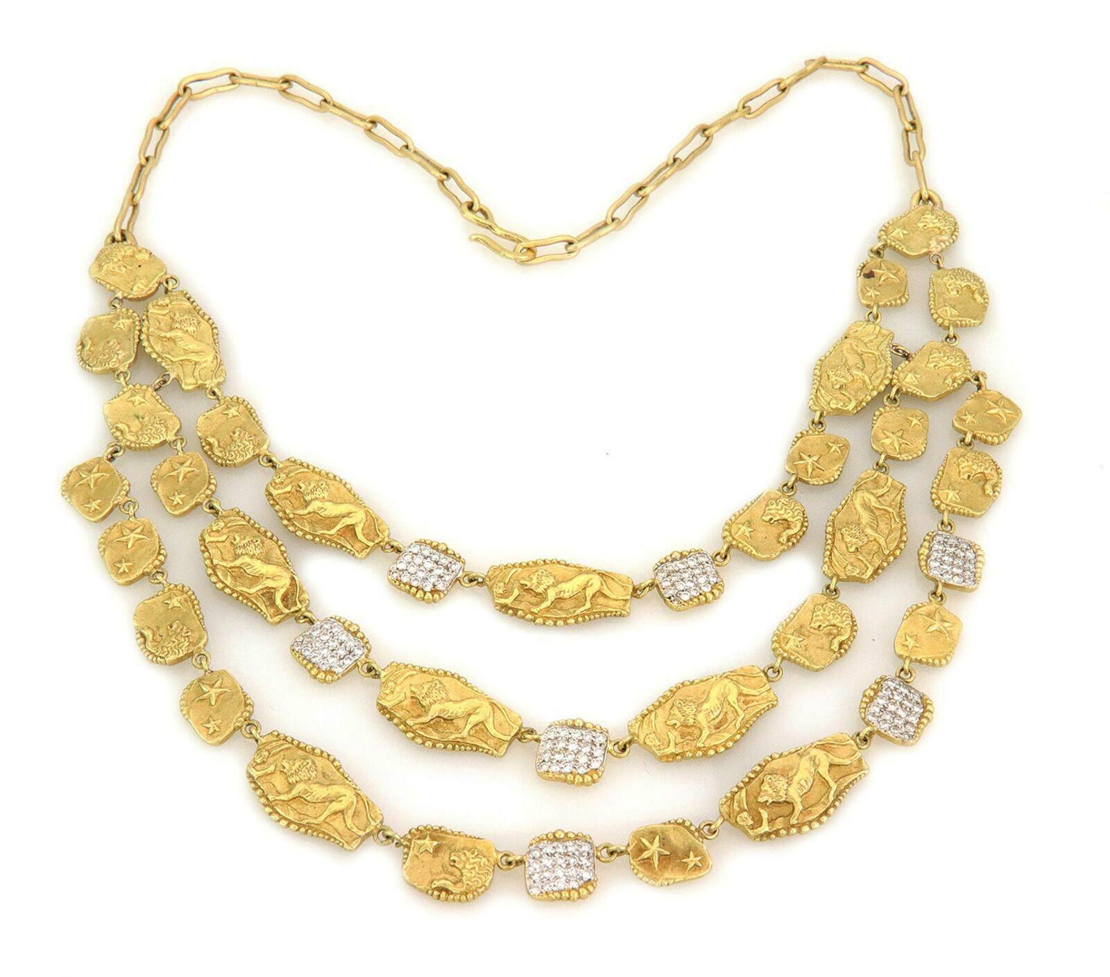 Seidengang Athena Diamant 18k Gold Dreireihige Lwen-Halskette (Brillantschliff) im Angebot
