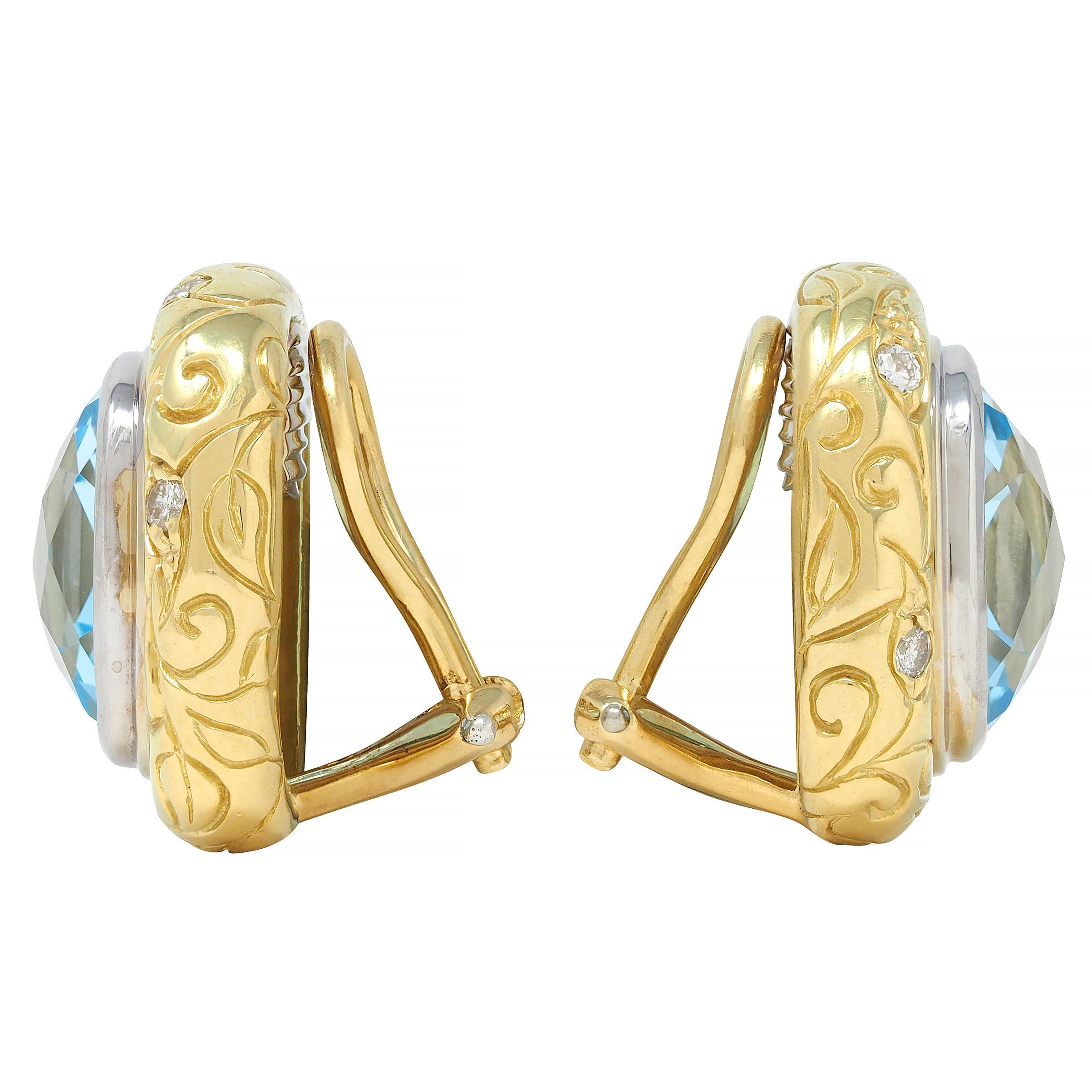 Square Cut SeidenGang Blue Topaz Diamond 18K Gold Vintage Cushion Ear-Clip Earrings For Sale