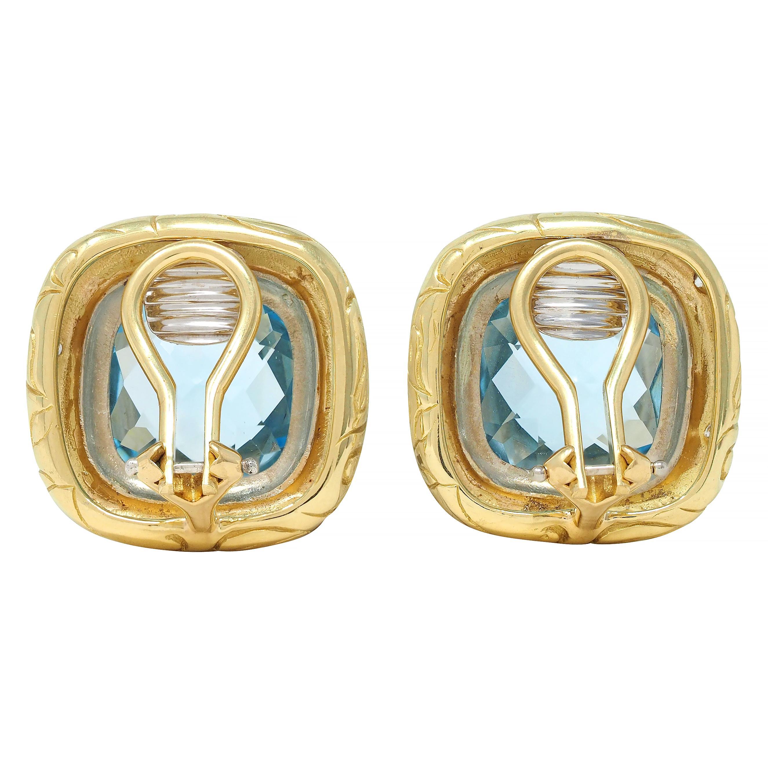 SeidenGang Blue Topaz Diamond 18K Gold Vintage Cushion Ear-Clip Earrings In Excellent Condition For Sale In Philadelphia, PA