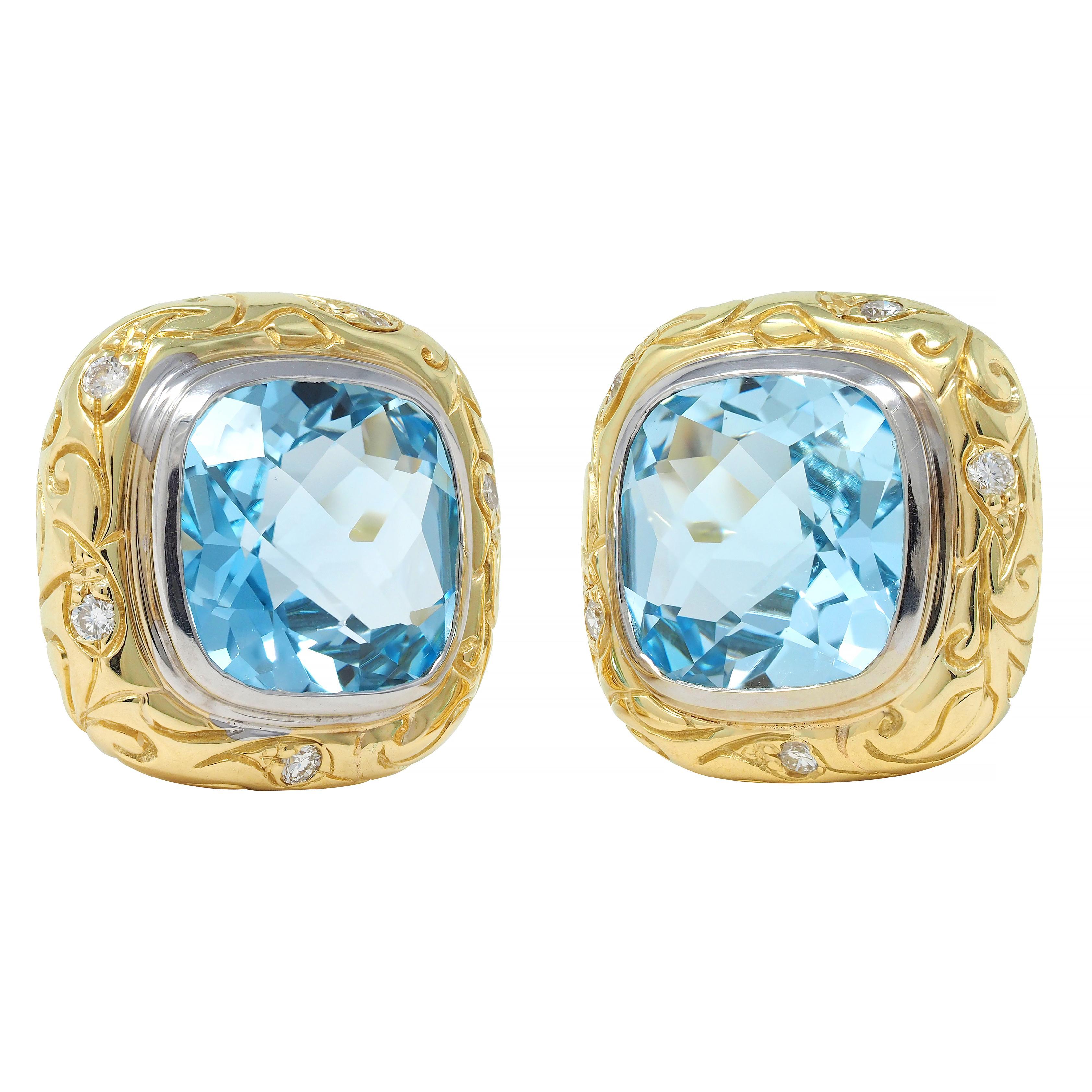 Women's or Men's SeidenGang Blue Topaz Diamond 18K Gold Vintage Cushion Ear-Clip Earrings For Sale