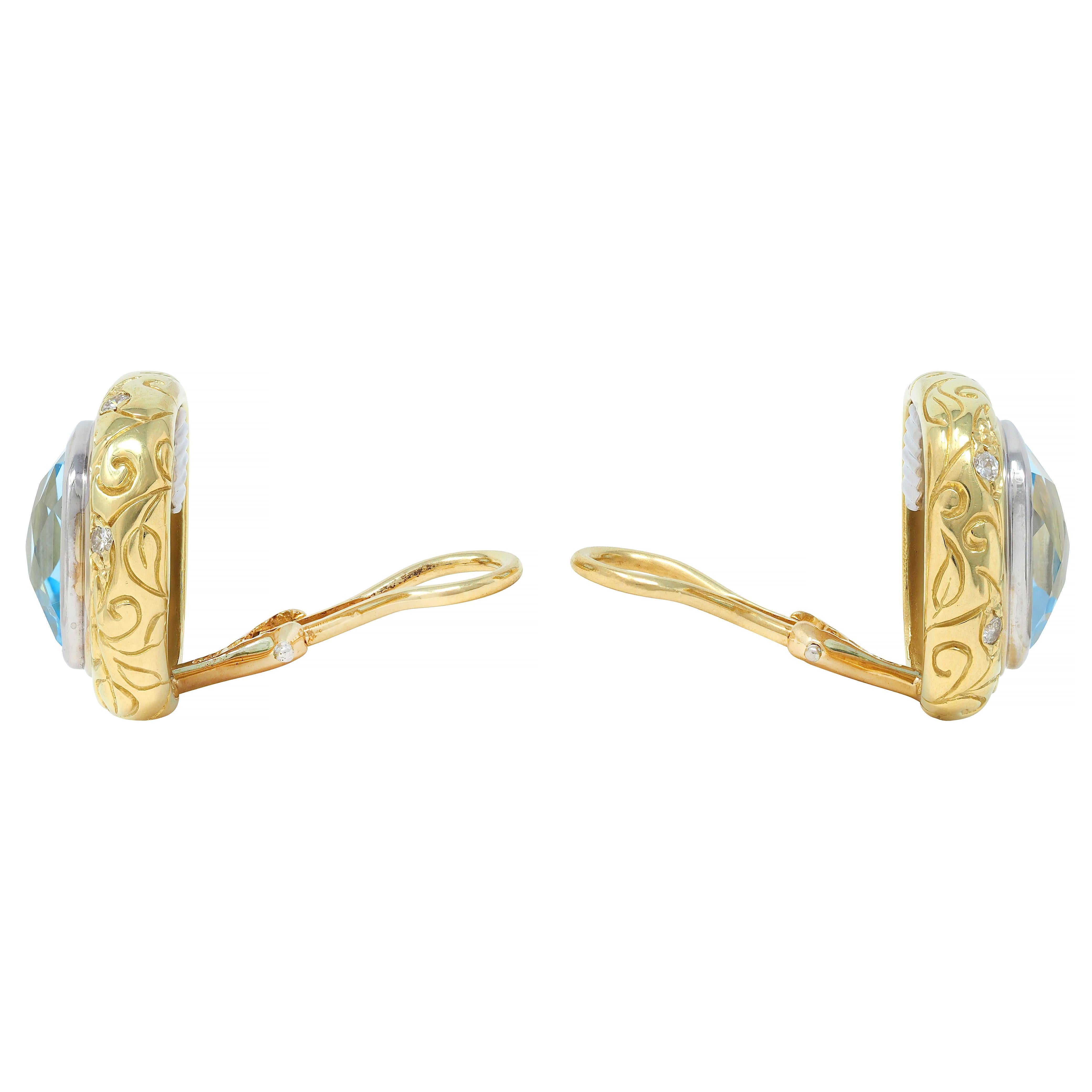 SeidenGang Blue Topaz Diamond 18K Gold Vintage Cushion Ear-Clip Earrings For Sale 1