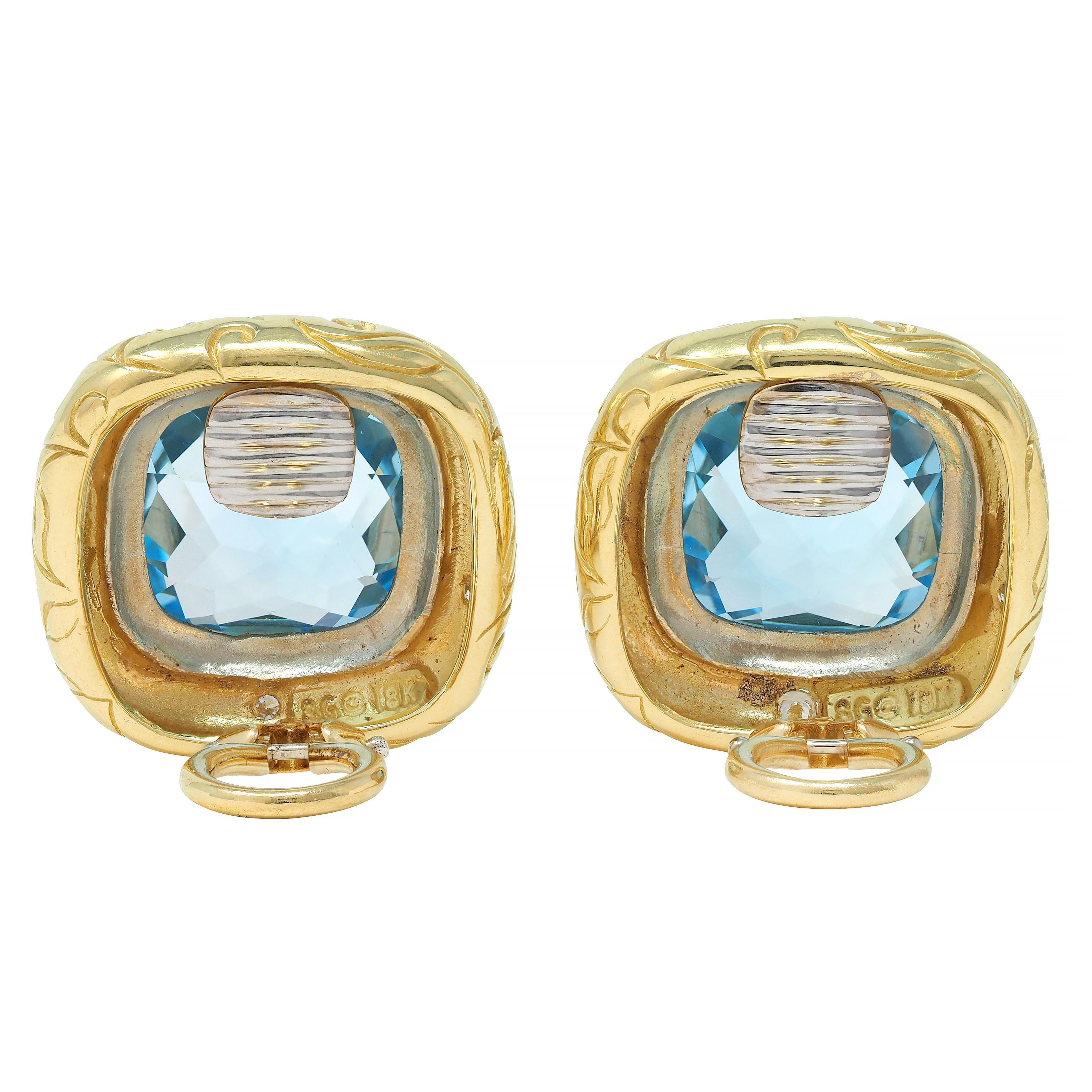 SeidenGang Blue Topaz Diamond 18K Gold Vintage Cushion Ear-Clip Earrings For Sale 2