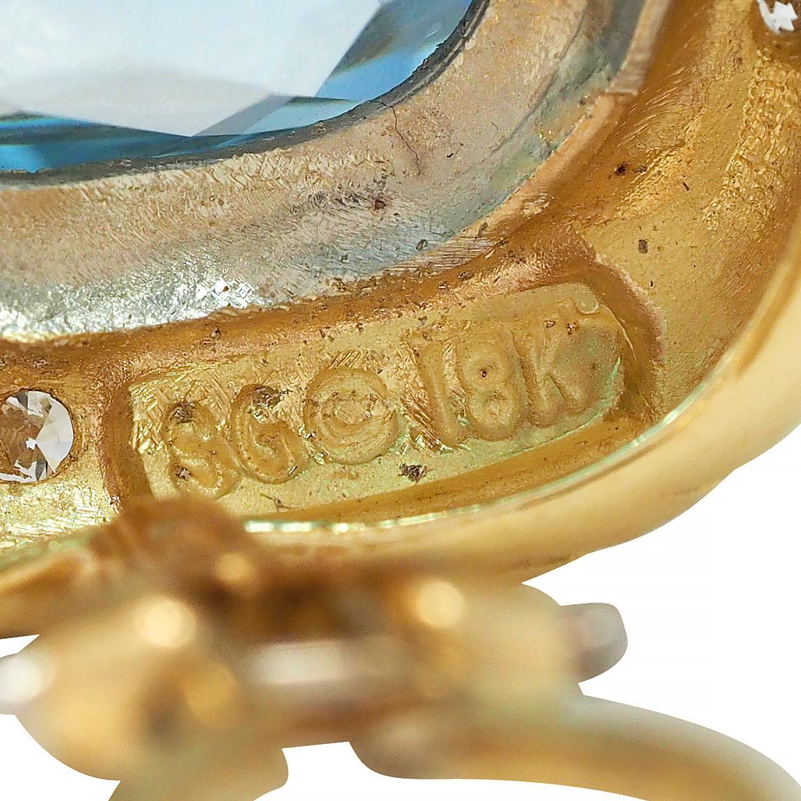 SeidenGang Blue Topaz Diamond 18K Gold Vintage Cushion Ear-Clip Earrings For Sale 4