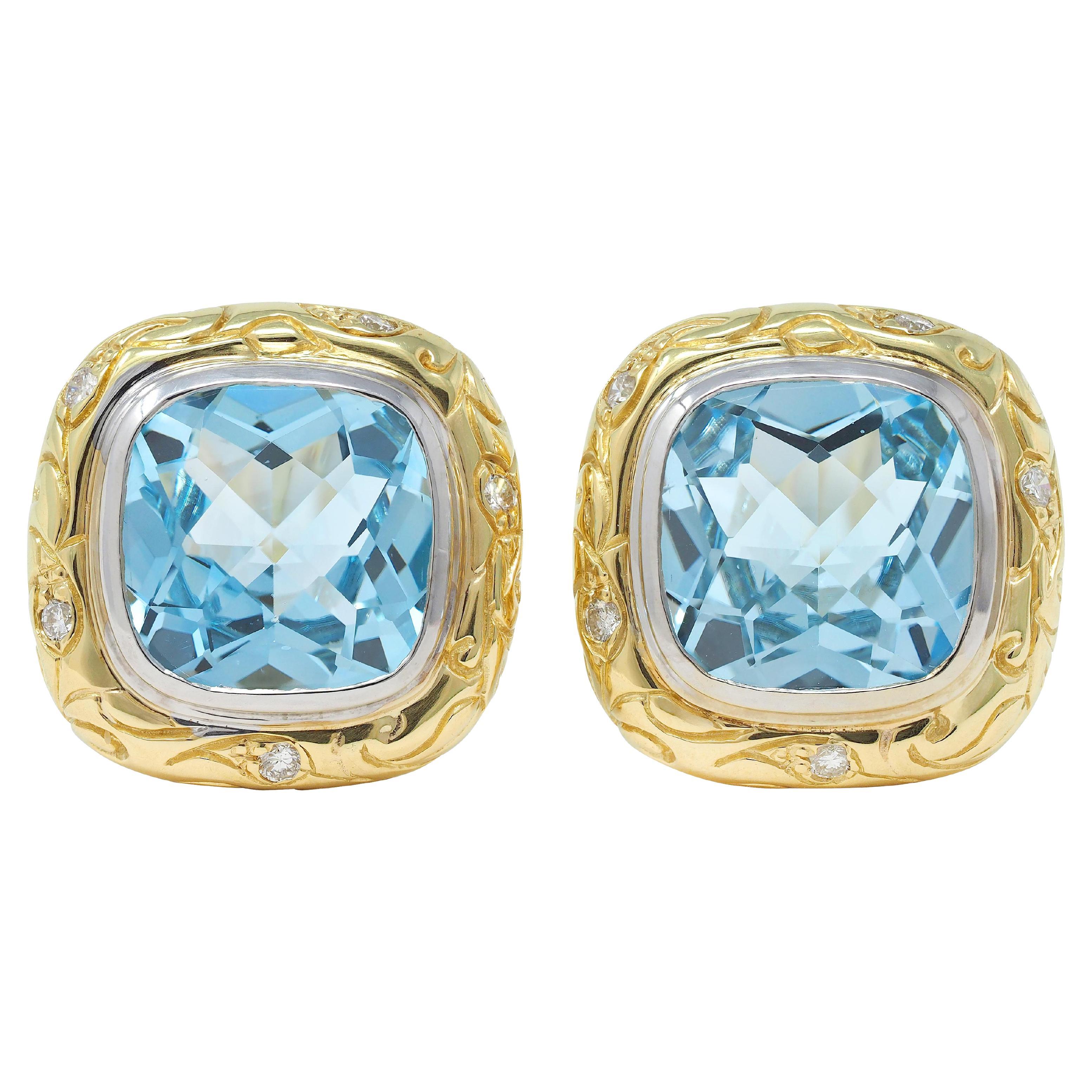 SeidenGang Blue Topaz Diamond 18K Gold Vintage Cushion Ear-Clip Earrings