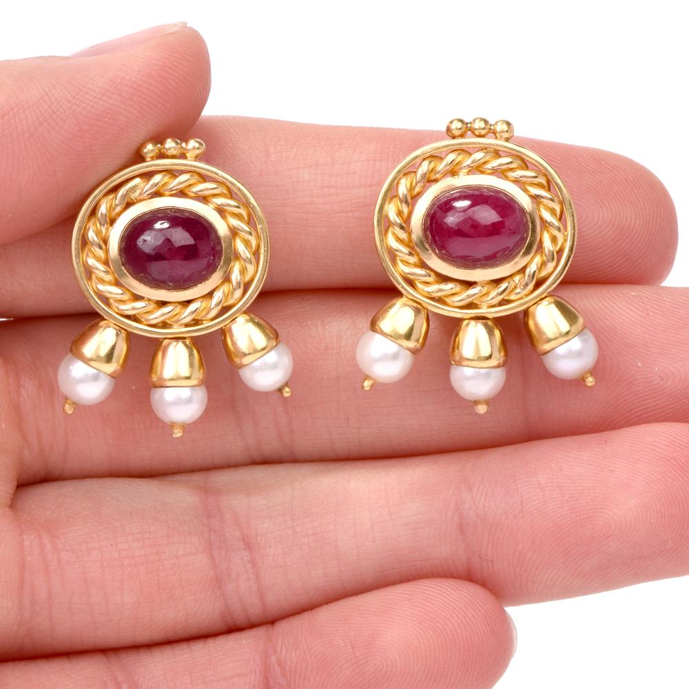 Seidengang Cabochon Ruby Pearl Clip Back Earrings In Excellent Condition In Miami, FL
