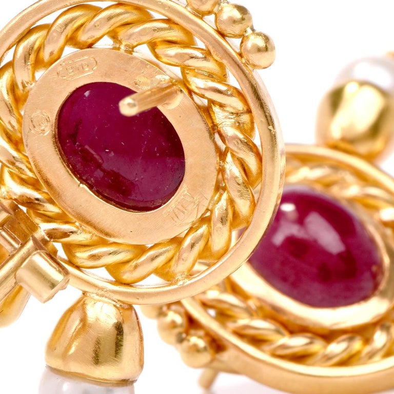 Seidengang Cabochon Ruby Pearl Clip Back Earrings For Sale