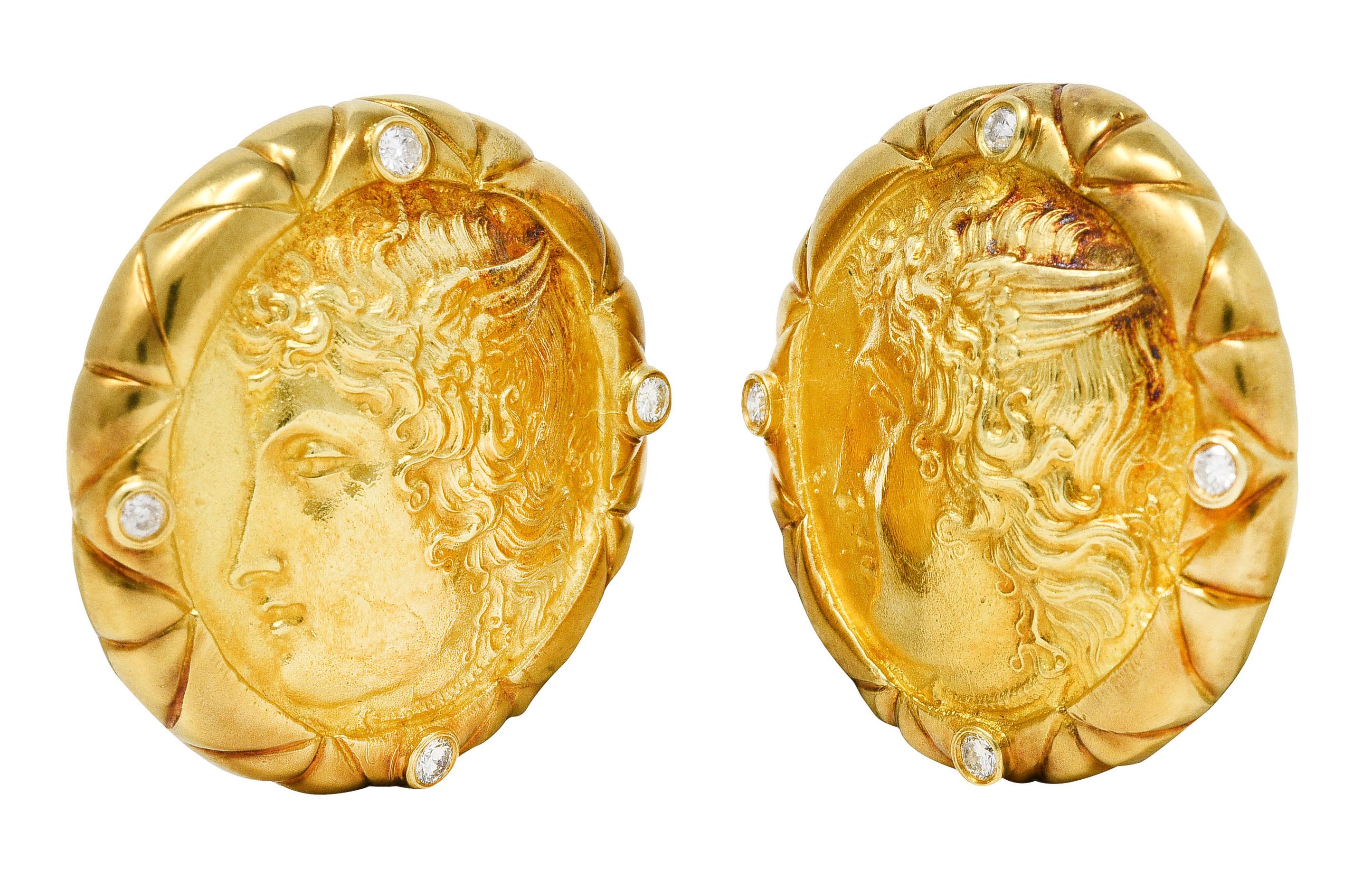 SeidenGang Diamond 18 Karat Yellow Gold Greek Hermes Ancient Coin Cameo Earrings In Excellent Condition In Philadelphia, PA