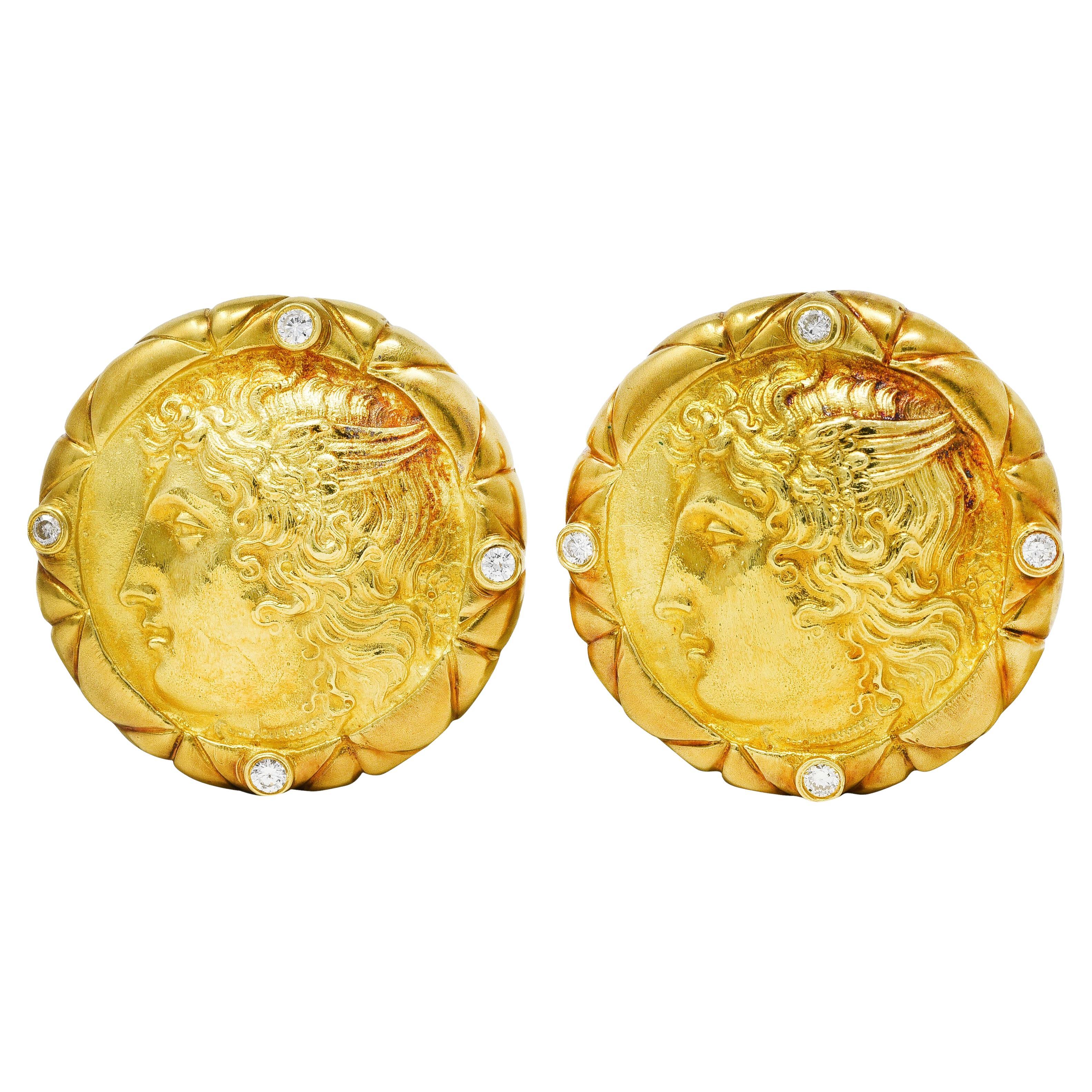 SeidenGang Diamond 18 Karat Yellow Gold Greek Hermes Ancient Coin Cameo Earrings