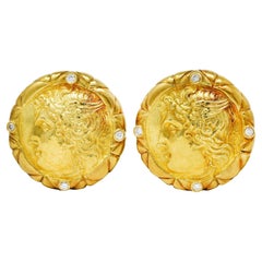 SeidenGang Diamond 18 Karat Yellow Gold Greek Hermes Ancient Coin Cameo Earrings