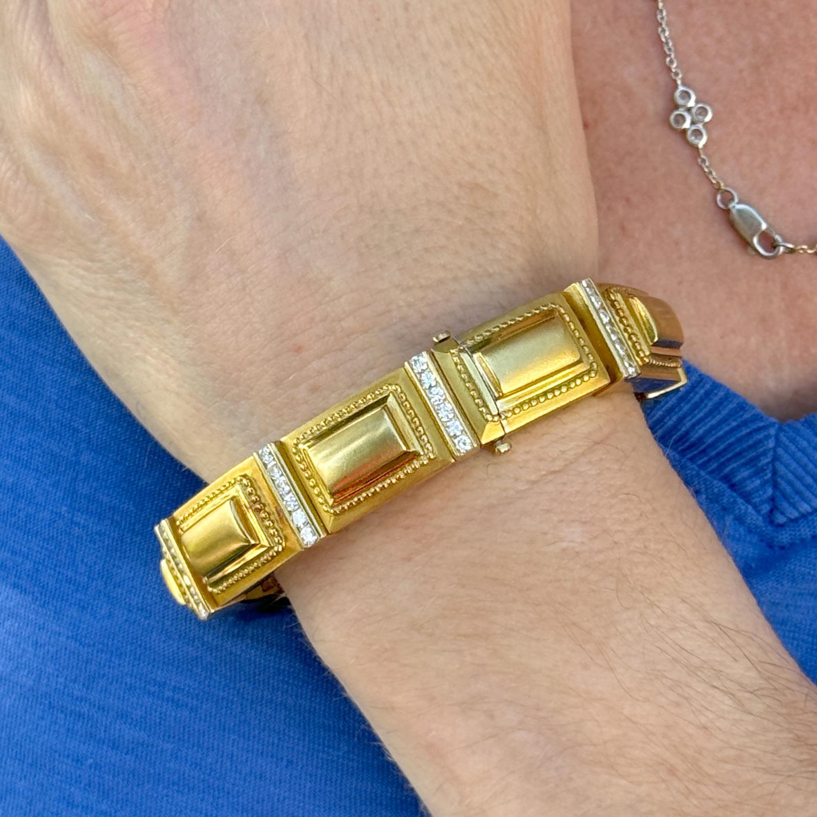 Etruscan Revival SeidenGang Diamond 18 Karat Yellow Gold Rectangular Link Estate Bracelet