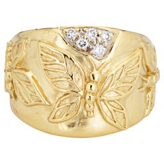 Bague à large anneau SeidenGang papillon en or jaune 18 carats et diamants, taille 8