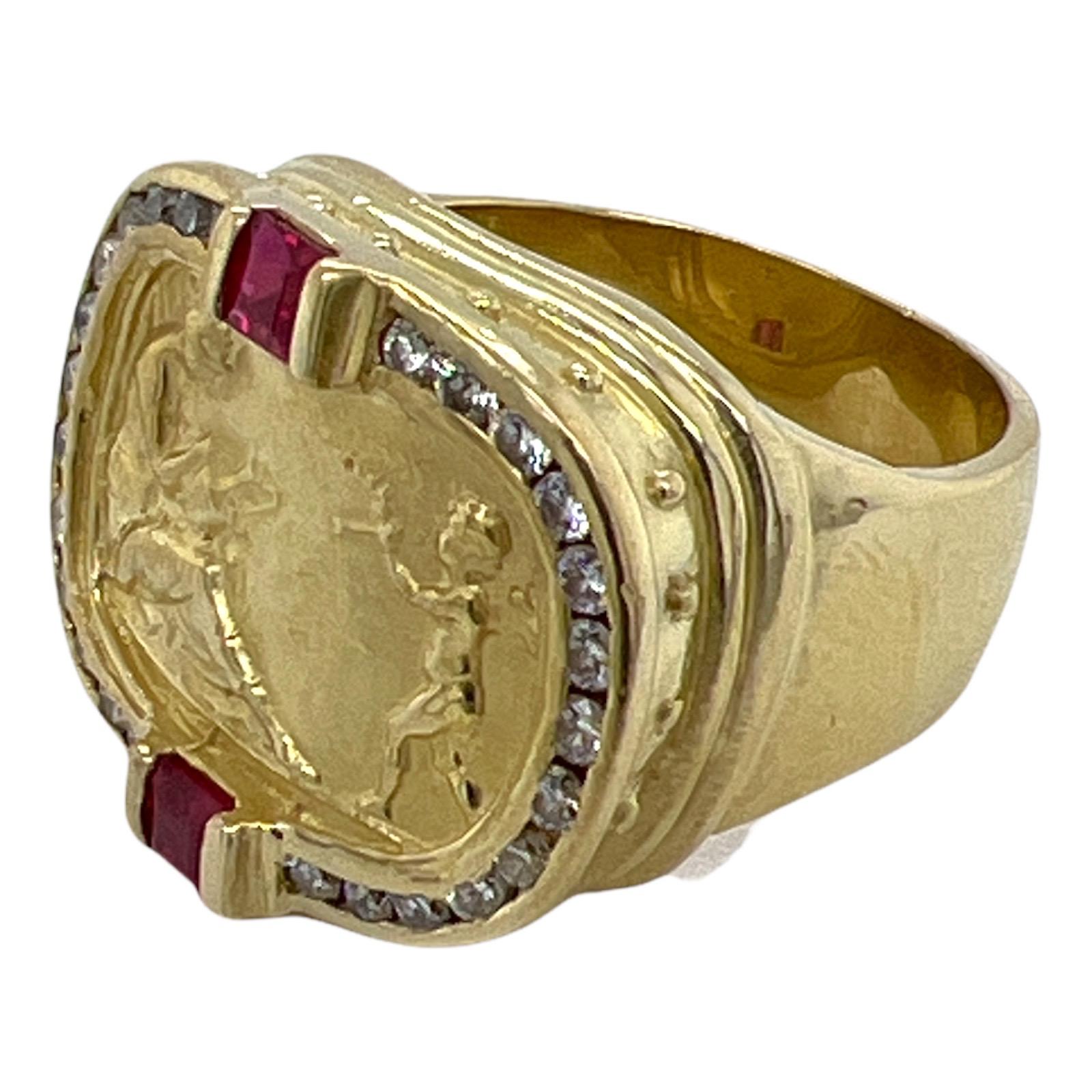 Fabulous and bold diamond and ruby 18 karat yellow gold ring by SeidenGang. The ring features figures and symbology from Greek and Roman stories. The two ruby accents weigh approximately .20 carat total weight, and the 26 round brilliant cut