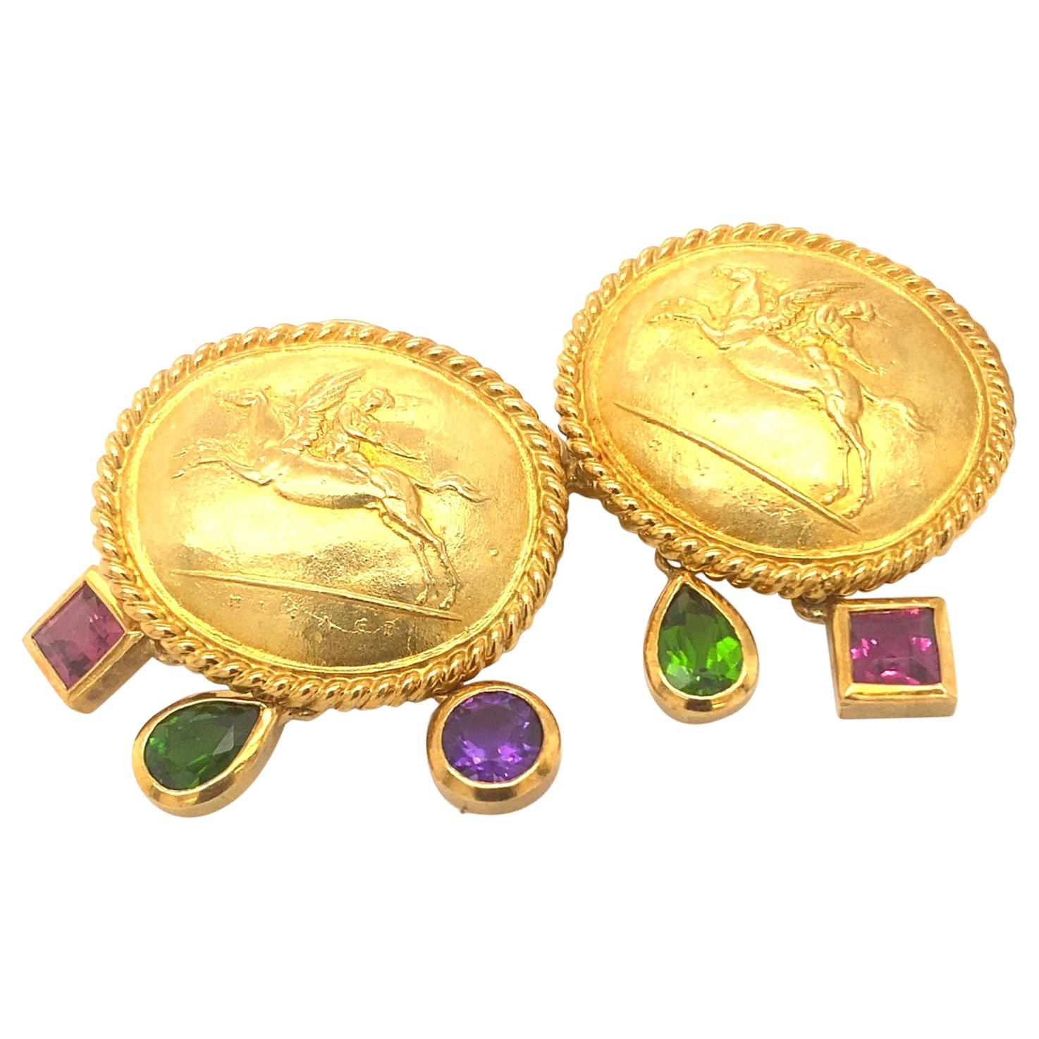 SeidenGang Earrings 18k Yellow Gold with Green & Pink Garnets Amethyst