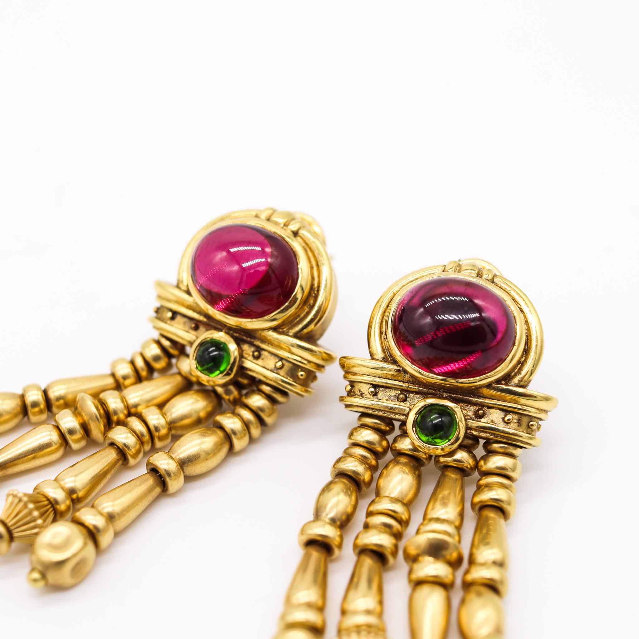 Etruscan Revival SeidenGang Etruscan Long Drop Earrings In 18Kt Gold With 15.76 Cts In Tourmaline For Sale