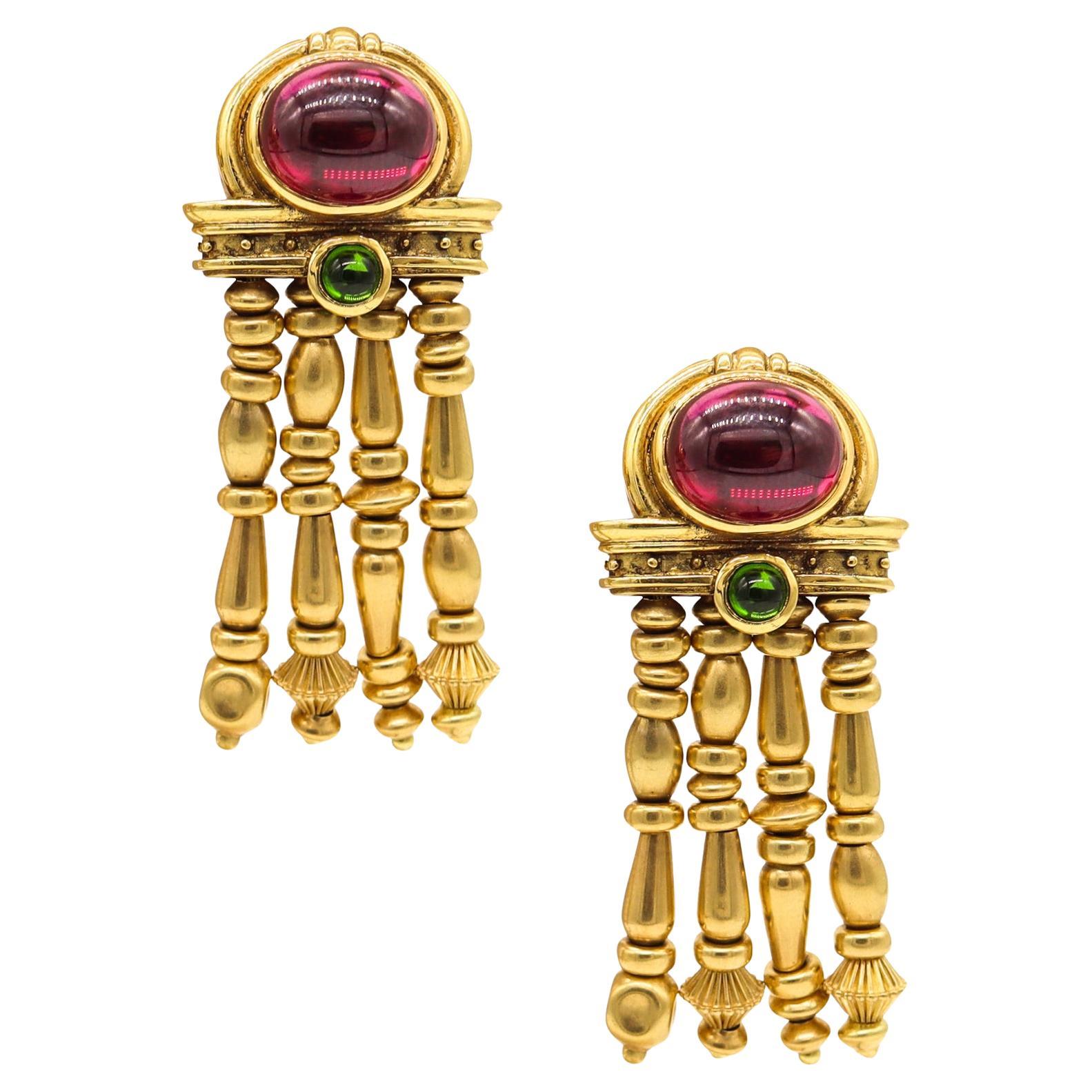 SeidenGang Etruscan Long Drop Earrings In 18Kt Gold With 15.76 Cts In Tourmaline For Sale