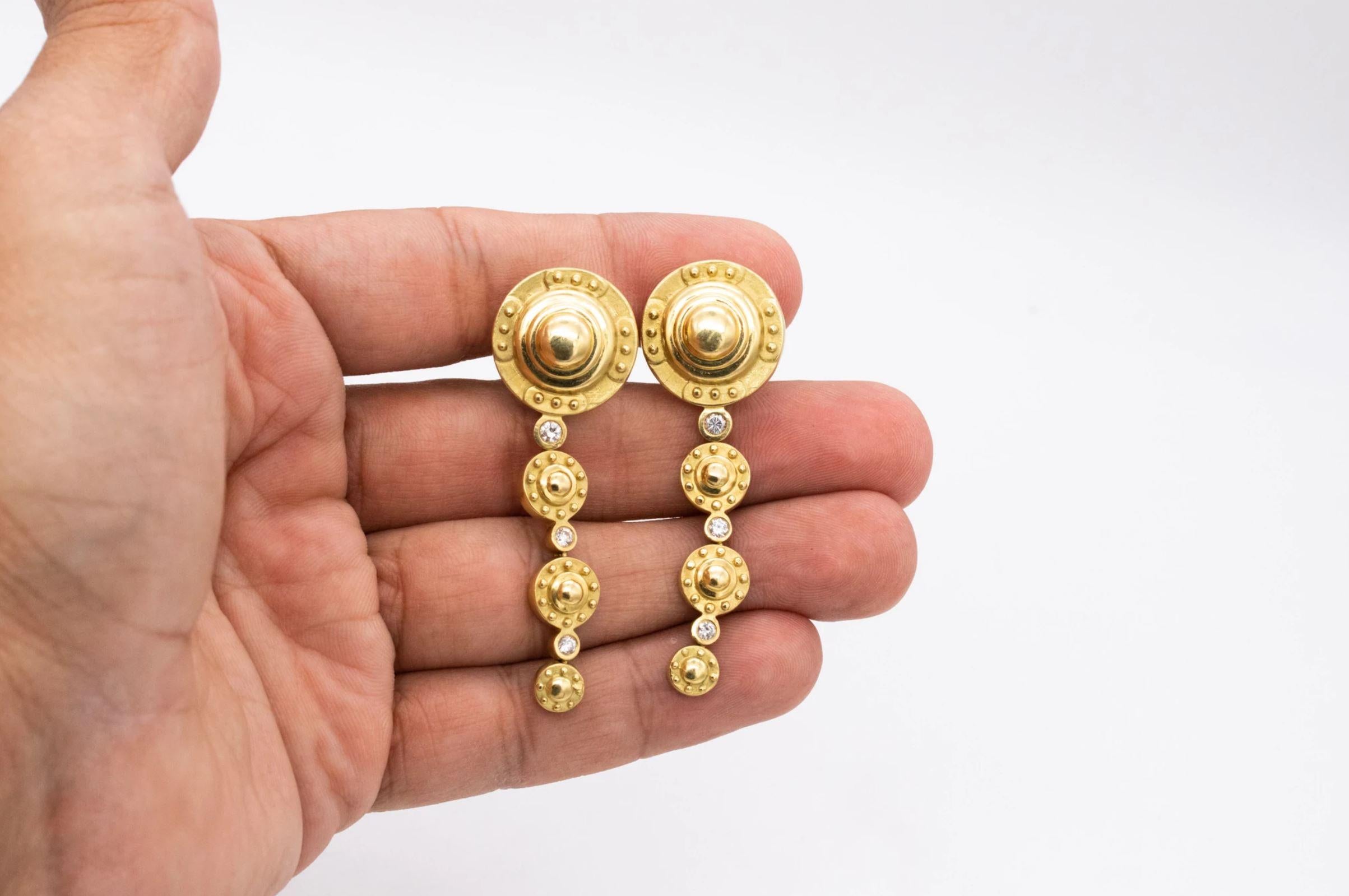 Women's SeidenGang Etruscan Long Drop Earrings In 18Kt Yellow Gold With 6 VS Diamonds For Sale