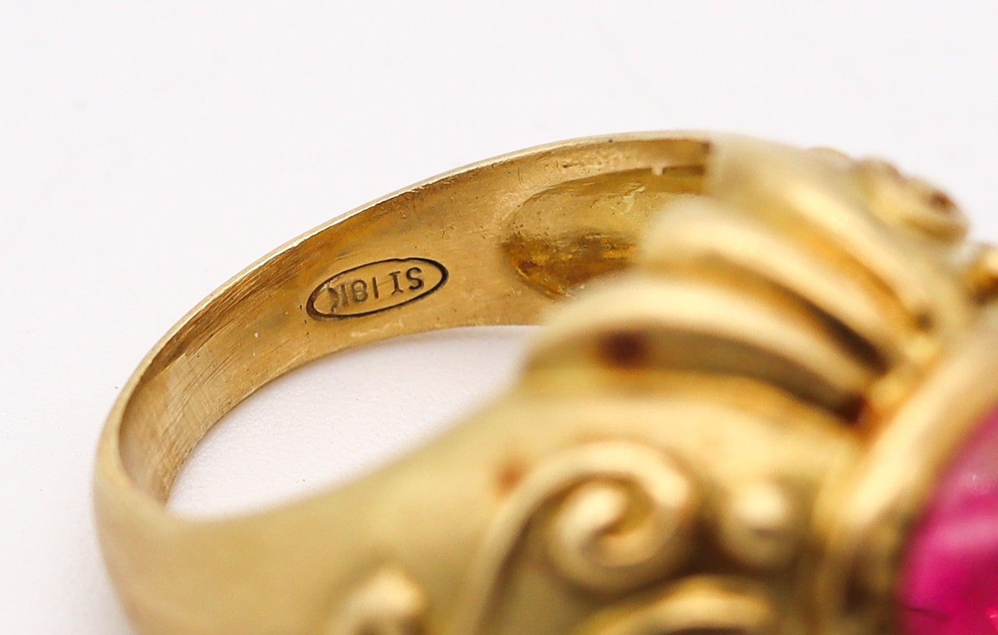 SEIDENGANG Etruskischer Ring aus 18 Karat Gelbgold mit 2,18 Karat Diamanten und Turmalin Damen im Angebot