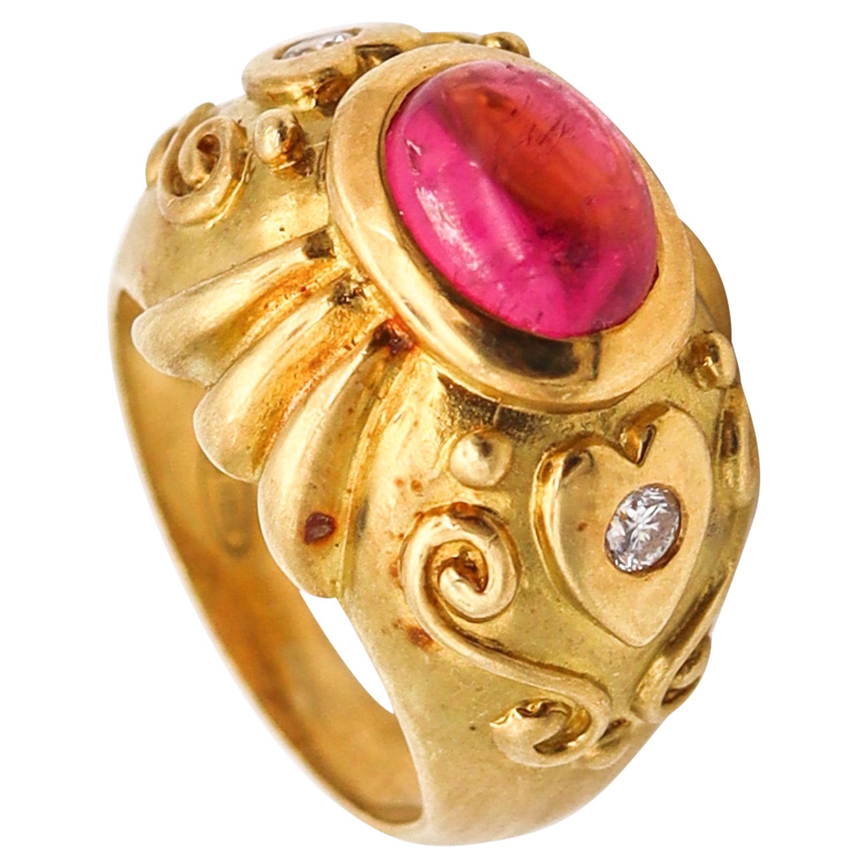 SEIDENGANG Etruskischer Ring aus 18 Karat Gelbgold mit 2,18 Karat Diamanten und Turmalin im Angebot