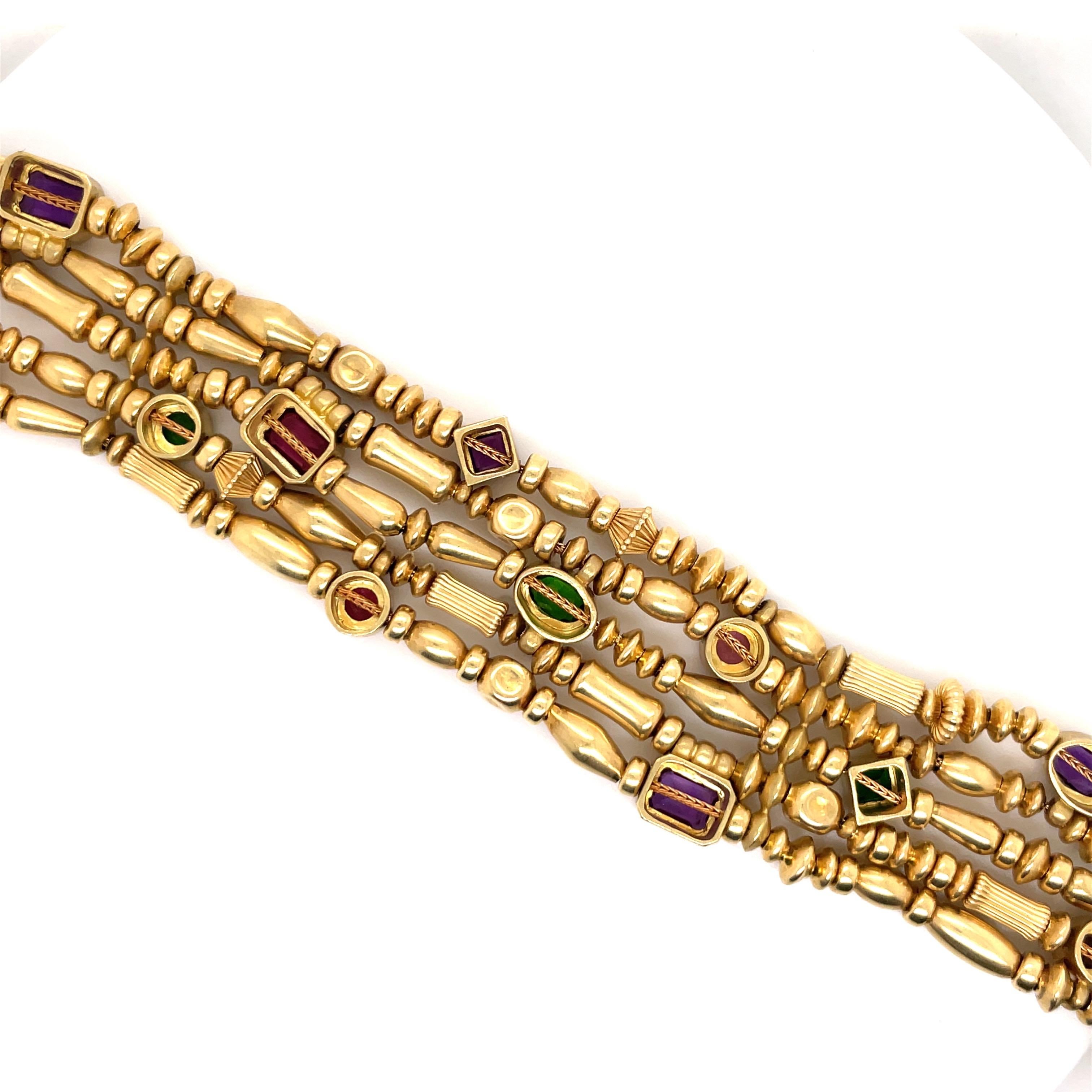 Oval Cut Seidengang Gemstone Beaded Five Row Bracelet 18 Karat Yellow Gold 71.8 Grams For Sale