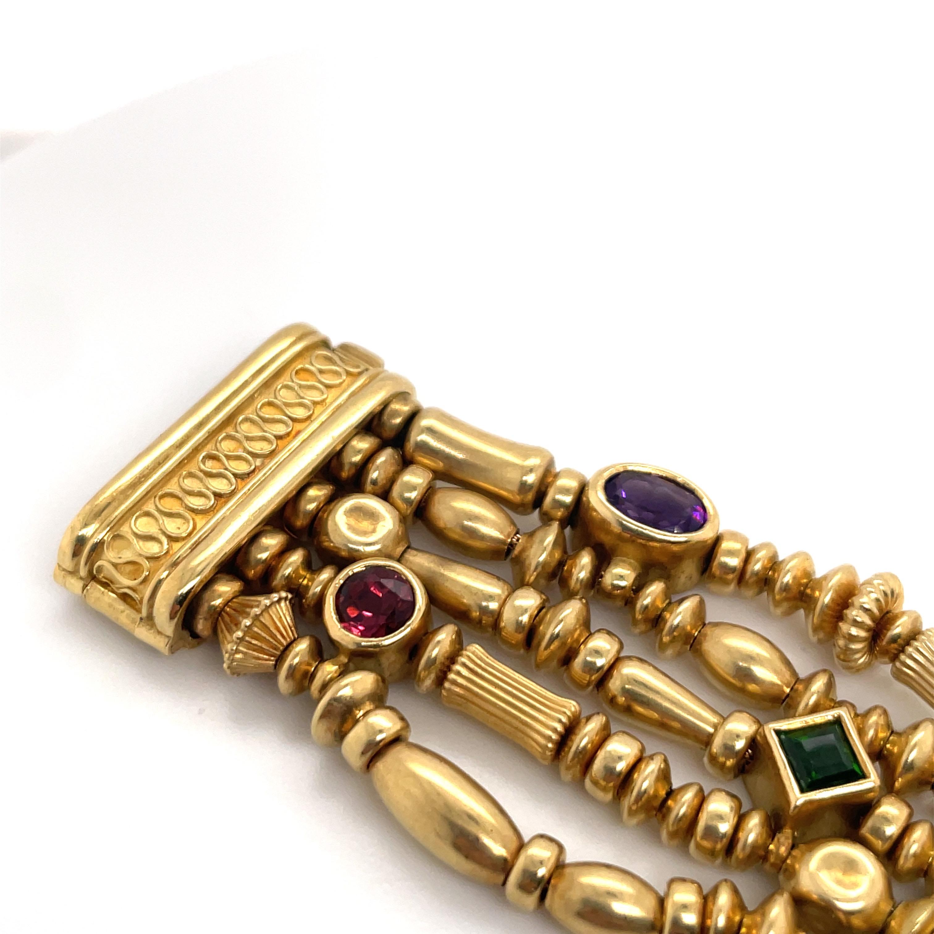 Women's Seidengang Gemstone Beaded Five Row Bracelet 18 Karat Yellow Gold 71.8 Grams For Sale