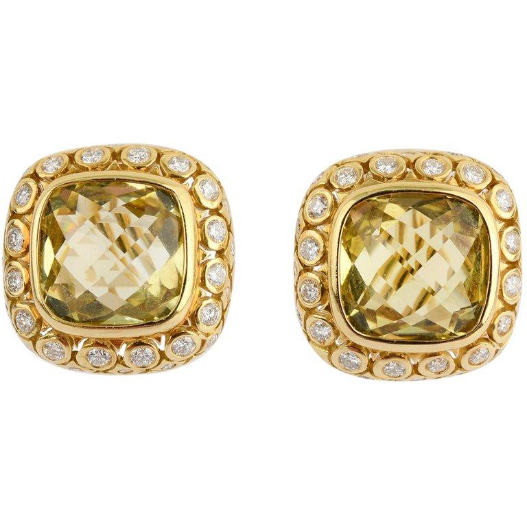 Cushion Cut Seidengang Green Quartz and Diamond Earrings For Sale