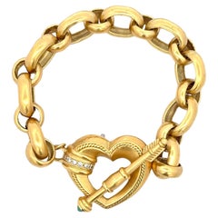 Retro SeidenGang Heart Locket Diamond Link Bracelet 18 Karat Yellow Gold 49 Grams