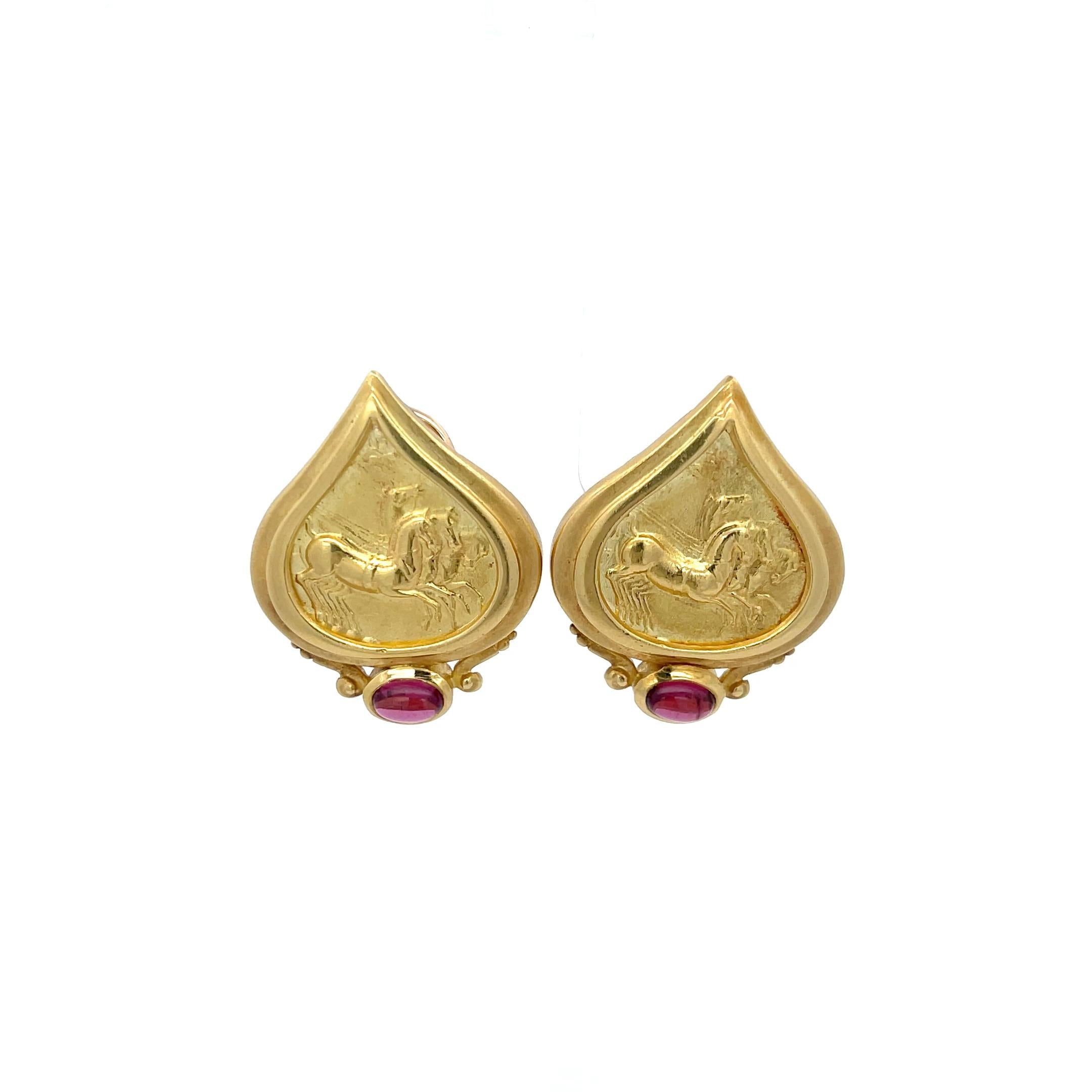 Cabochon Seidengang Horse Scene Pink Tourmaline Earrings 18K Yellow Gold For Sale