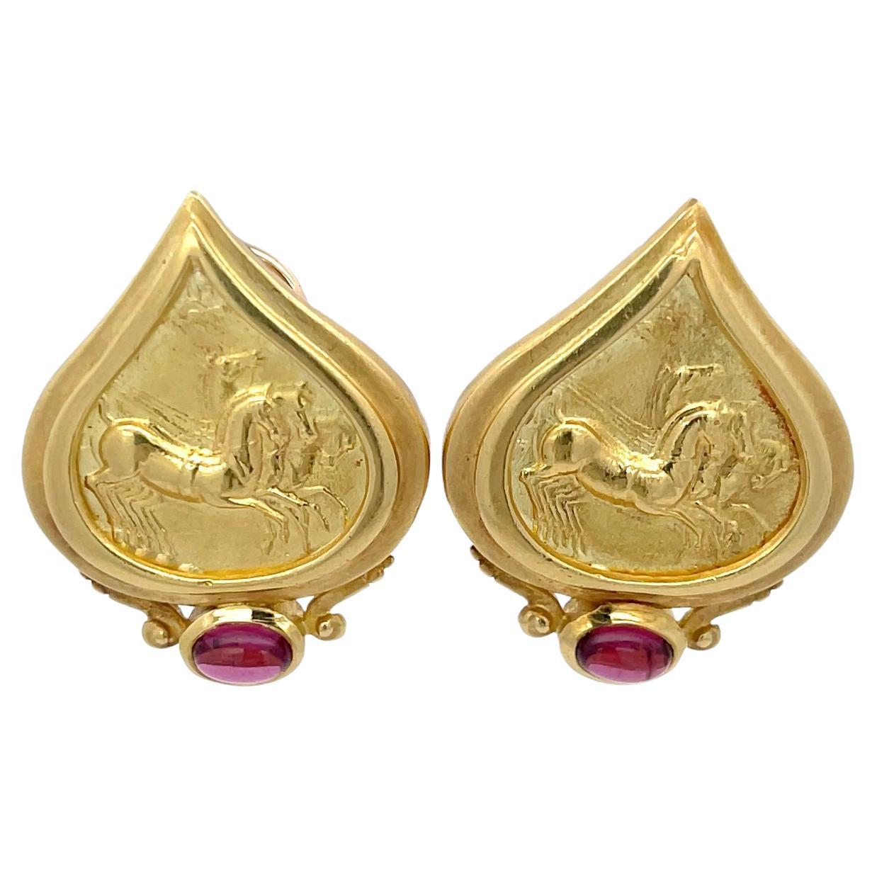 Seidengang-Pferdszene Rosa Turmalin-Ohrringe 18K Gelbgold