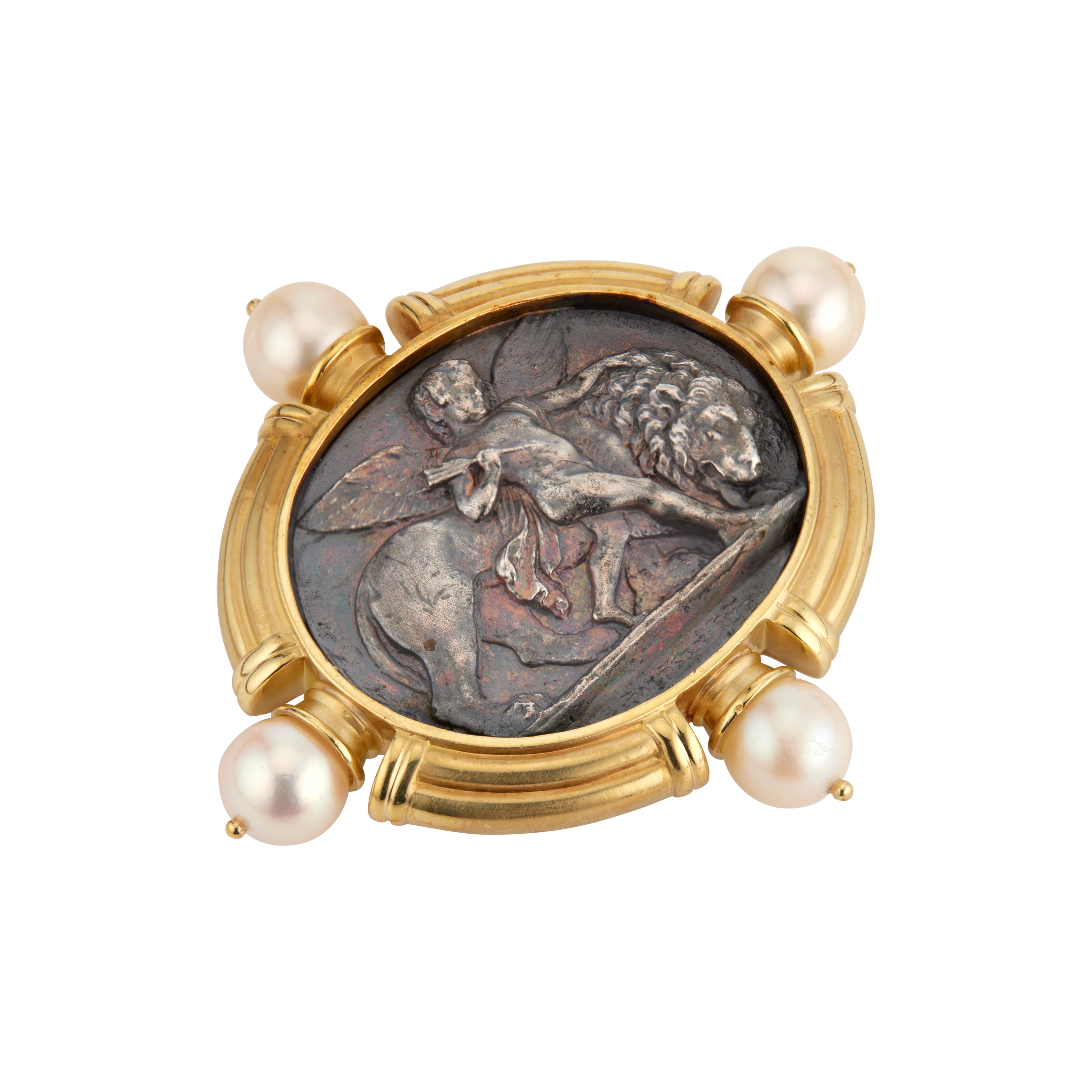 Women's SeidenGang Large Cultured Pearl Yellow Gold Silver Medallion Brooch