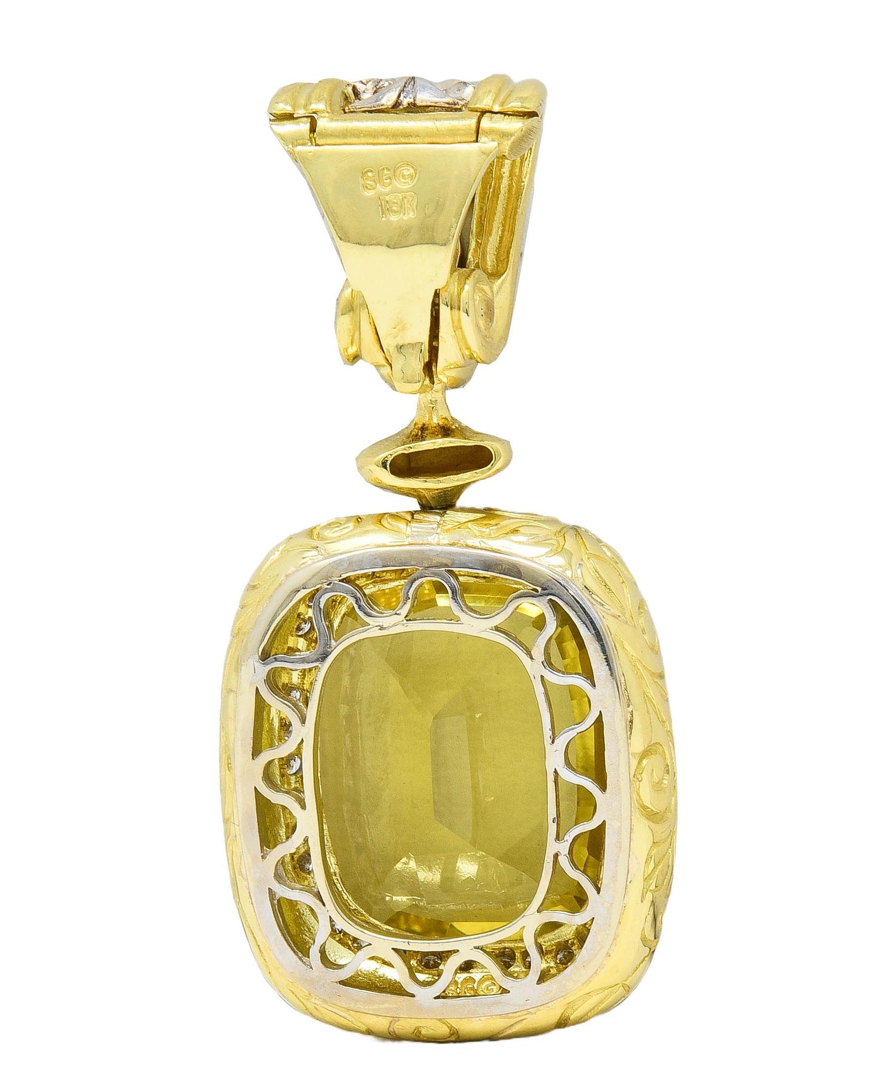 SeidenGang Zitronenquarz Diamant 18 Karat zweifarbiger Gold Vintage-Anhänger mit Anhänger (Brillantschliff) im Angebot