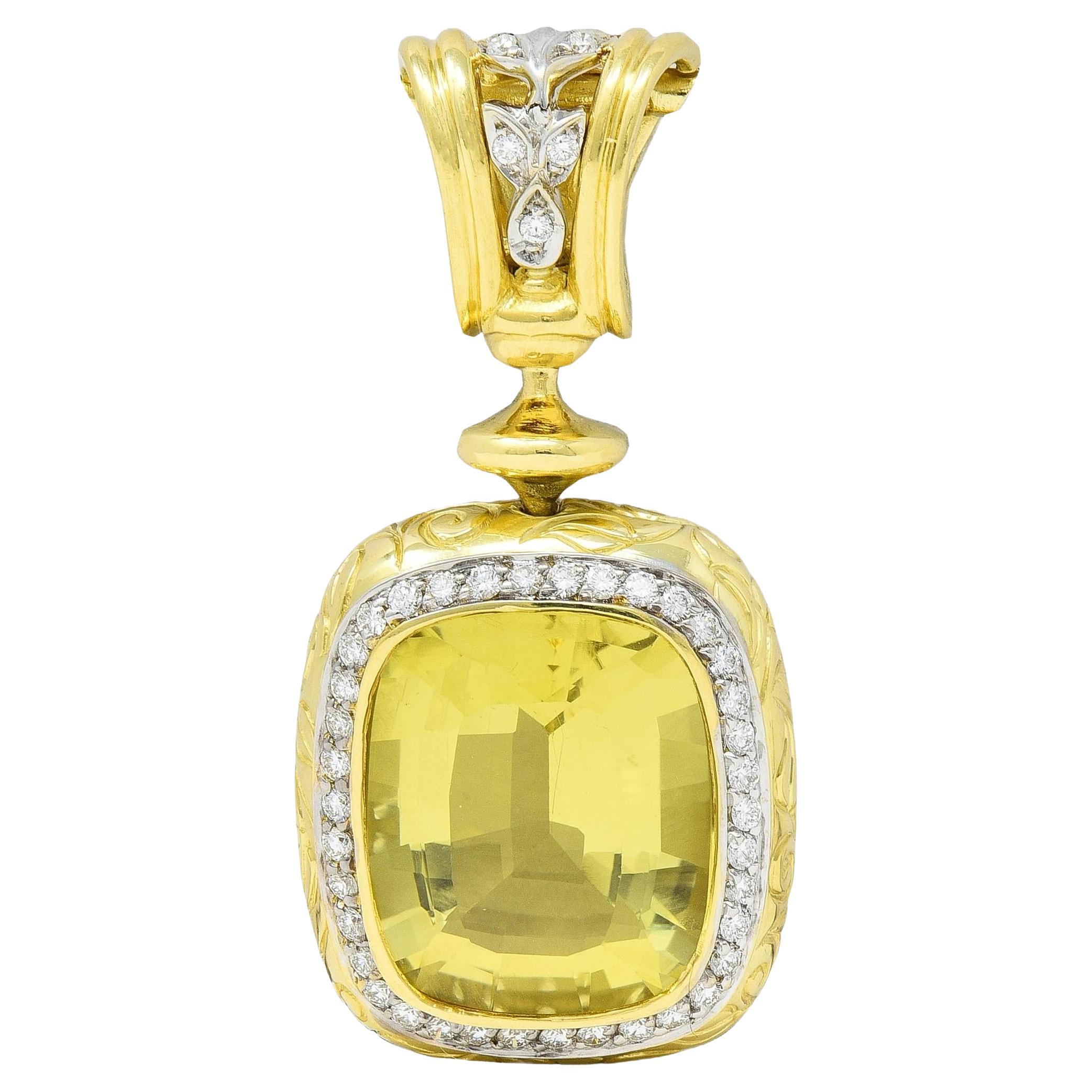 SeidenGang Zitronenquarz Diamant 18 Karat zweifarbiger Gold Vintage-Anhänger mit Anhänger im Angebot