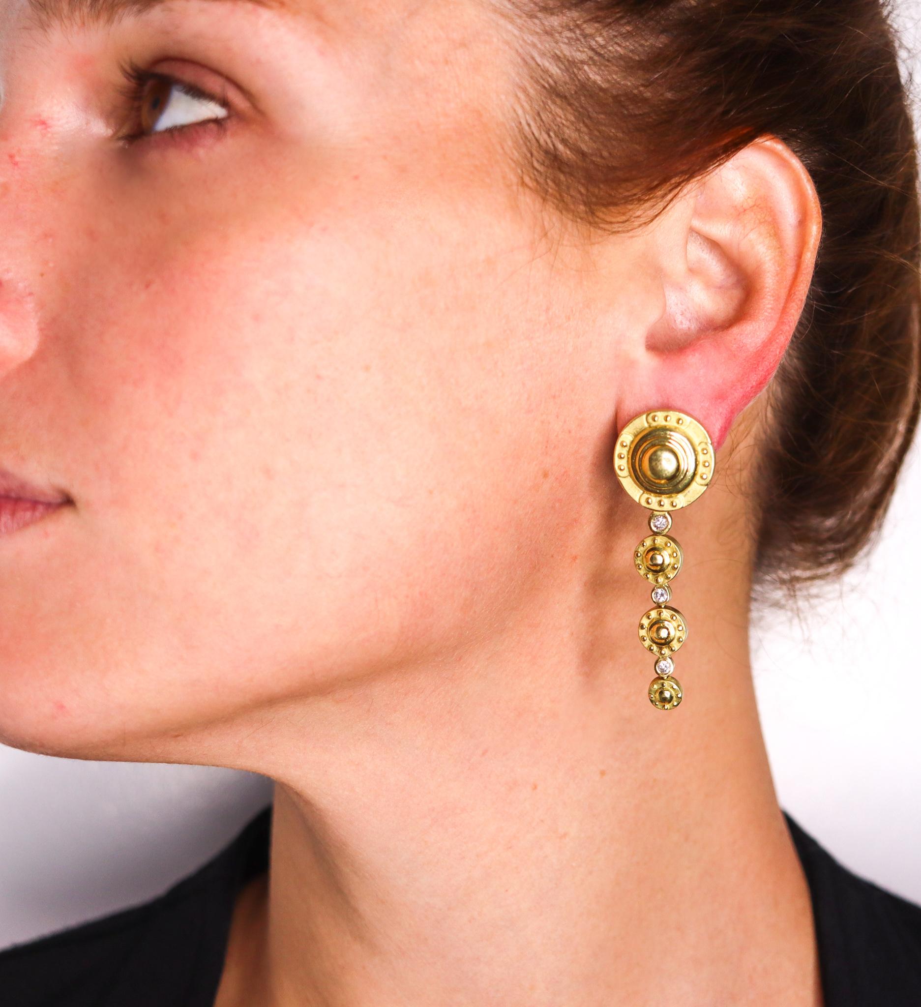 Brilliant Cut SeidenGang Long Drop Etruscan Earrings in 18Kt Yellow Gold with VS Diamonds For Sale