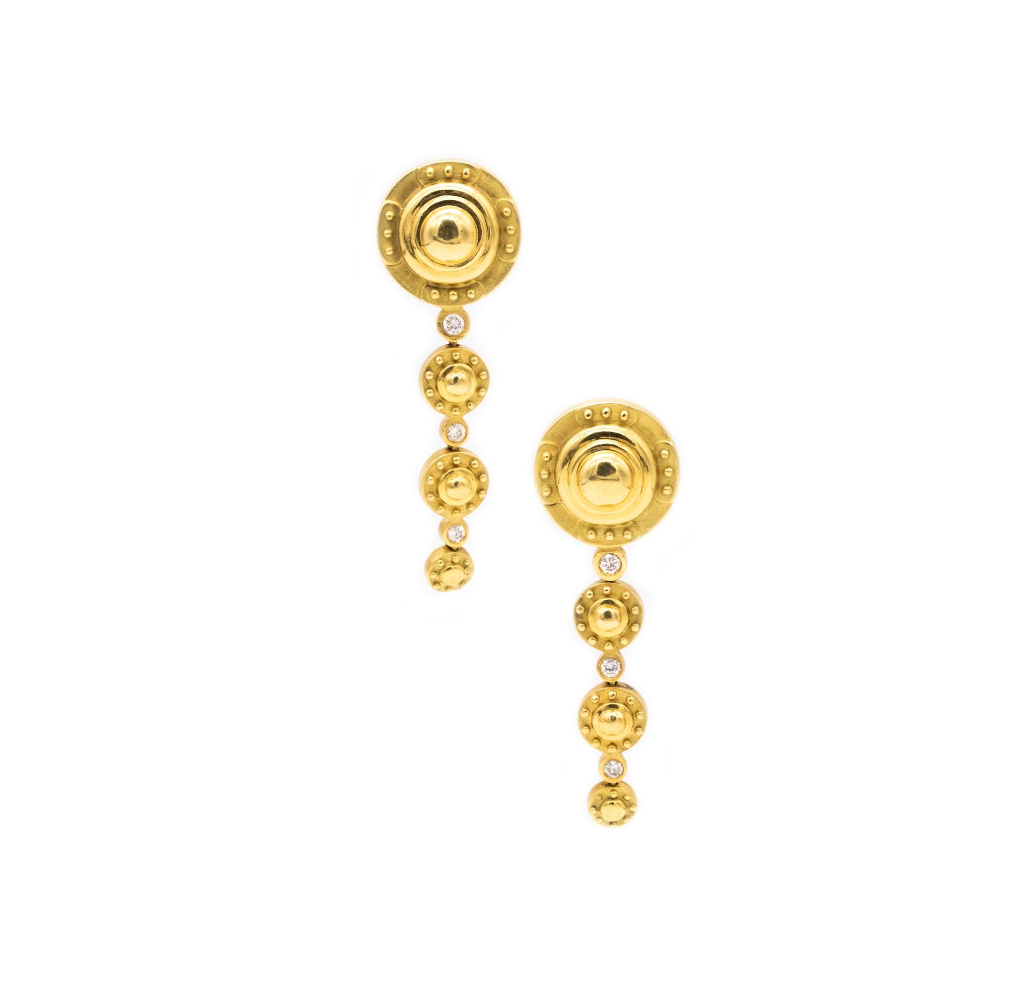 SeidenGang Long Drop Etruscan Earrings in 18Kt Yellow Gold with VS Diamonds In Excellent Condition For Sale In Miami, FL