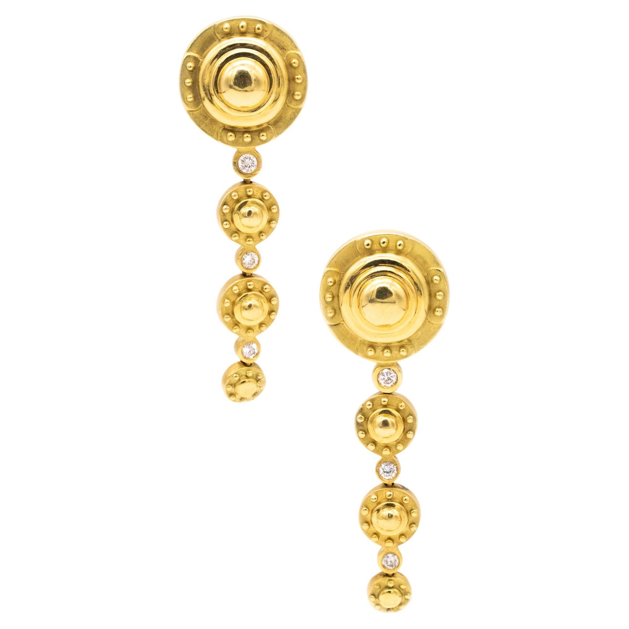 SeidenGang Long Drop Etruscan Earrings in 18Kt Yellow Gold with VS Diamonds For Sale