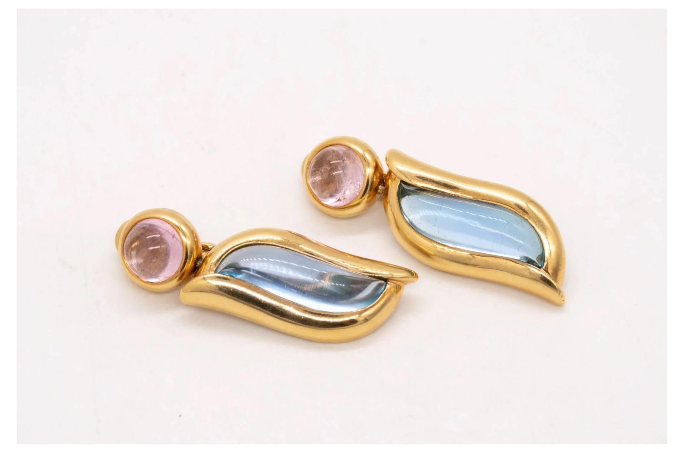 Cabochon Seidengang Long Earrings 18Kt Yellow Gold with 28.18 Cts Aquamarine & Tourmaline For Sale