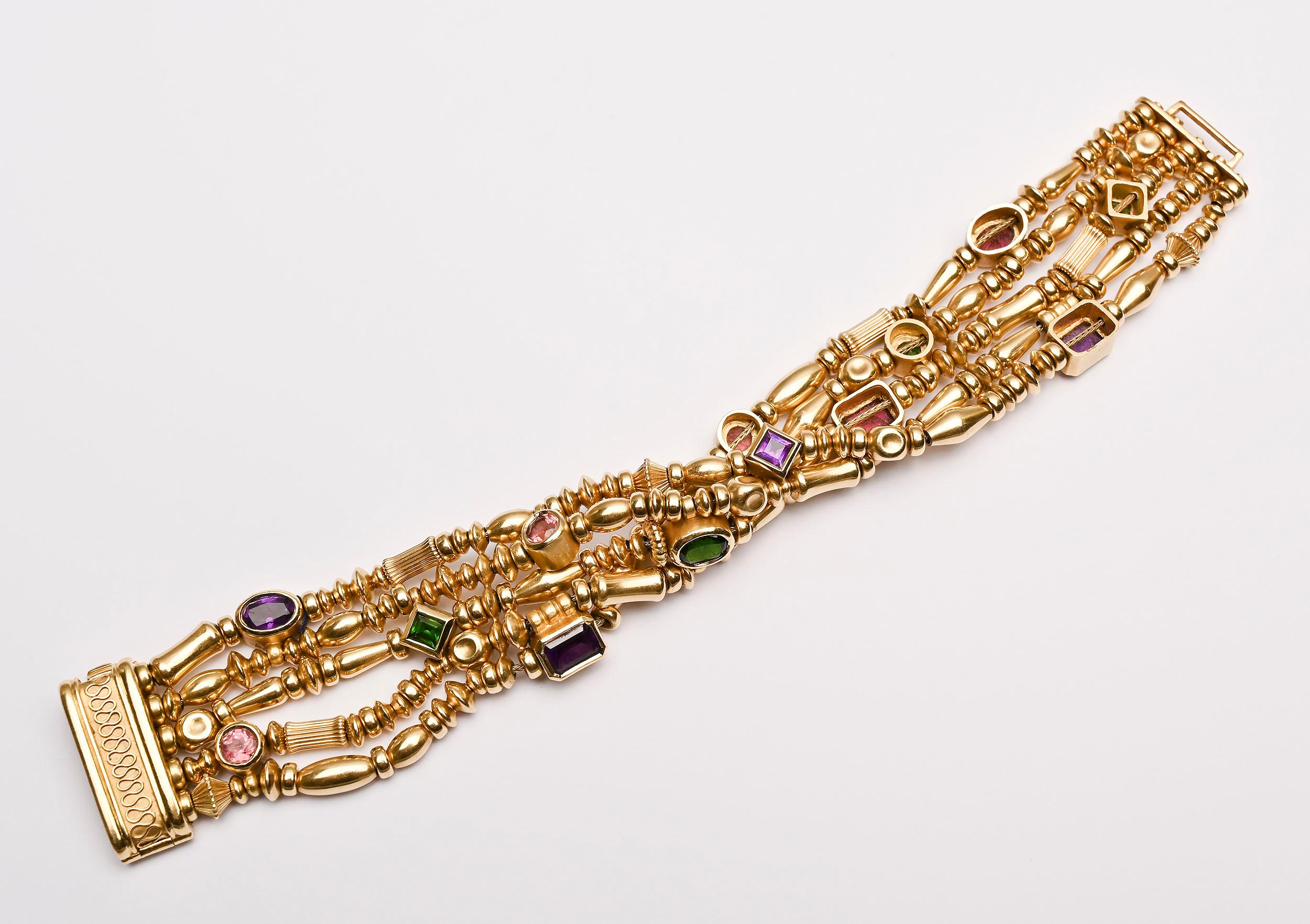 Mixed Cut Seidengang Multistrand Gold and Gemstone Bracelet For Sale