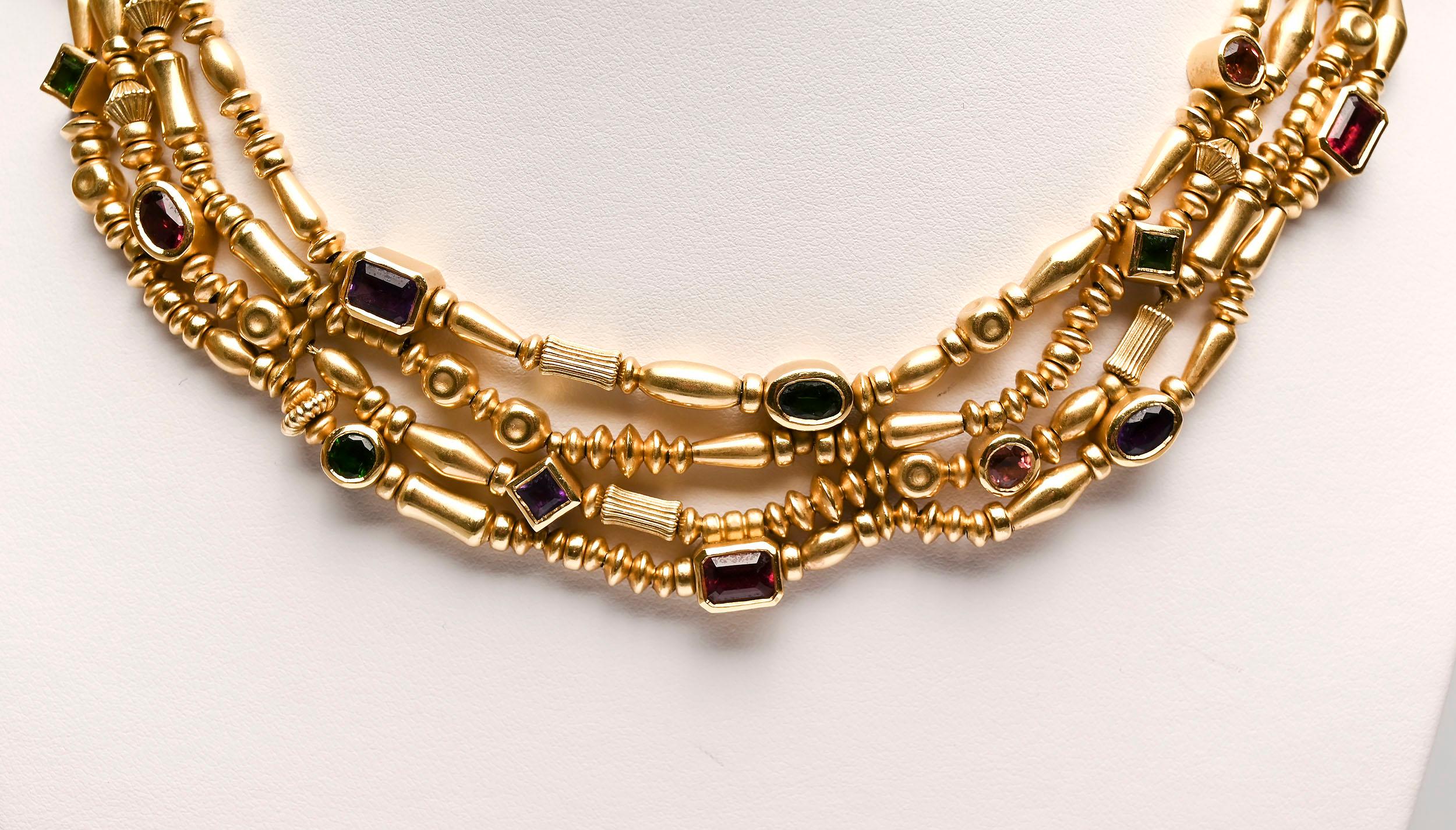 Mixed Cut Seidengang Multistrand Gold Necklace with Gemstones
