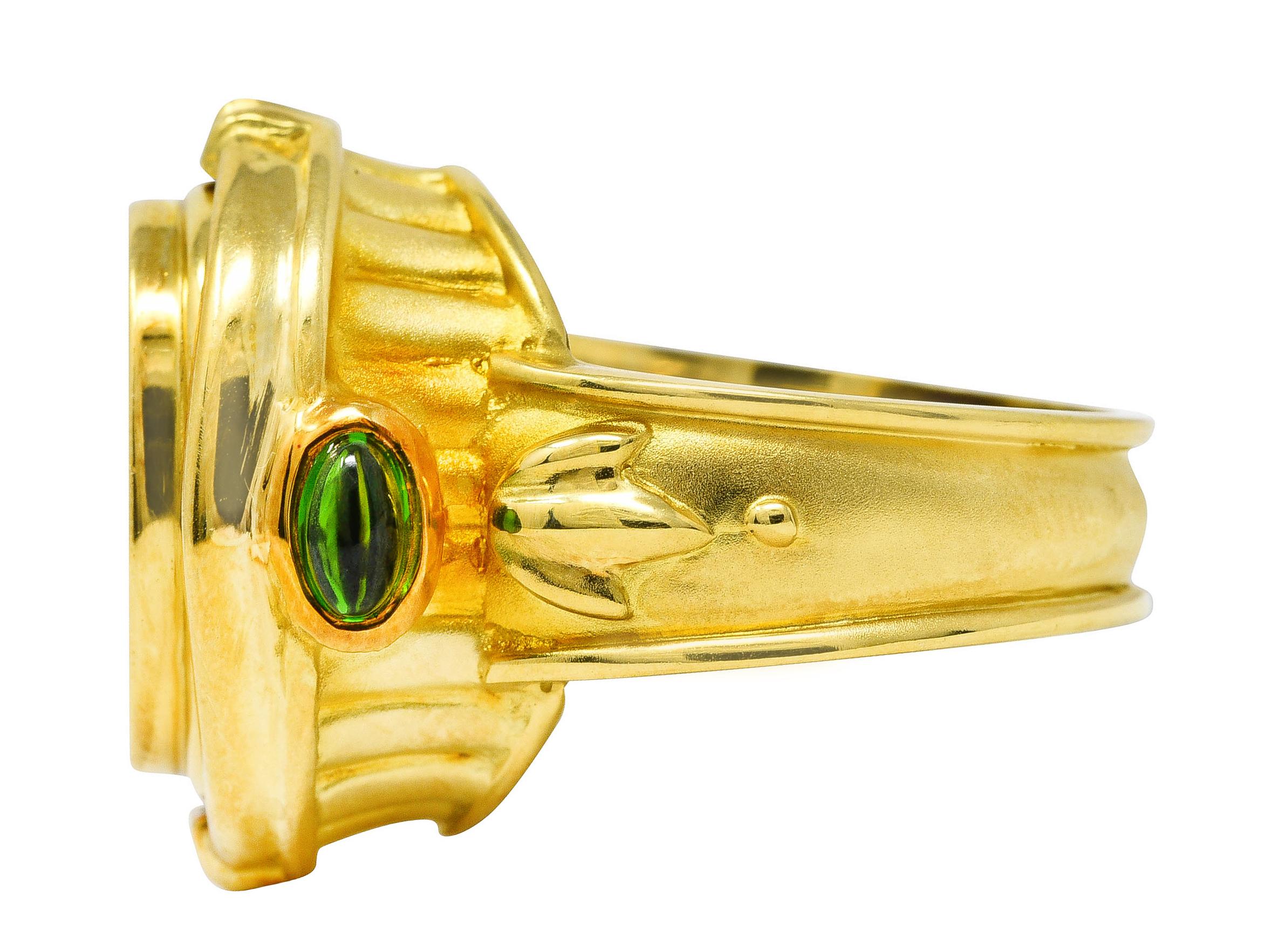 Women's or Men's Seidengang Neoclassical Amethyst Green Tourmaline 18 Karat Yellow Gold Flip Ring