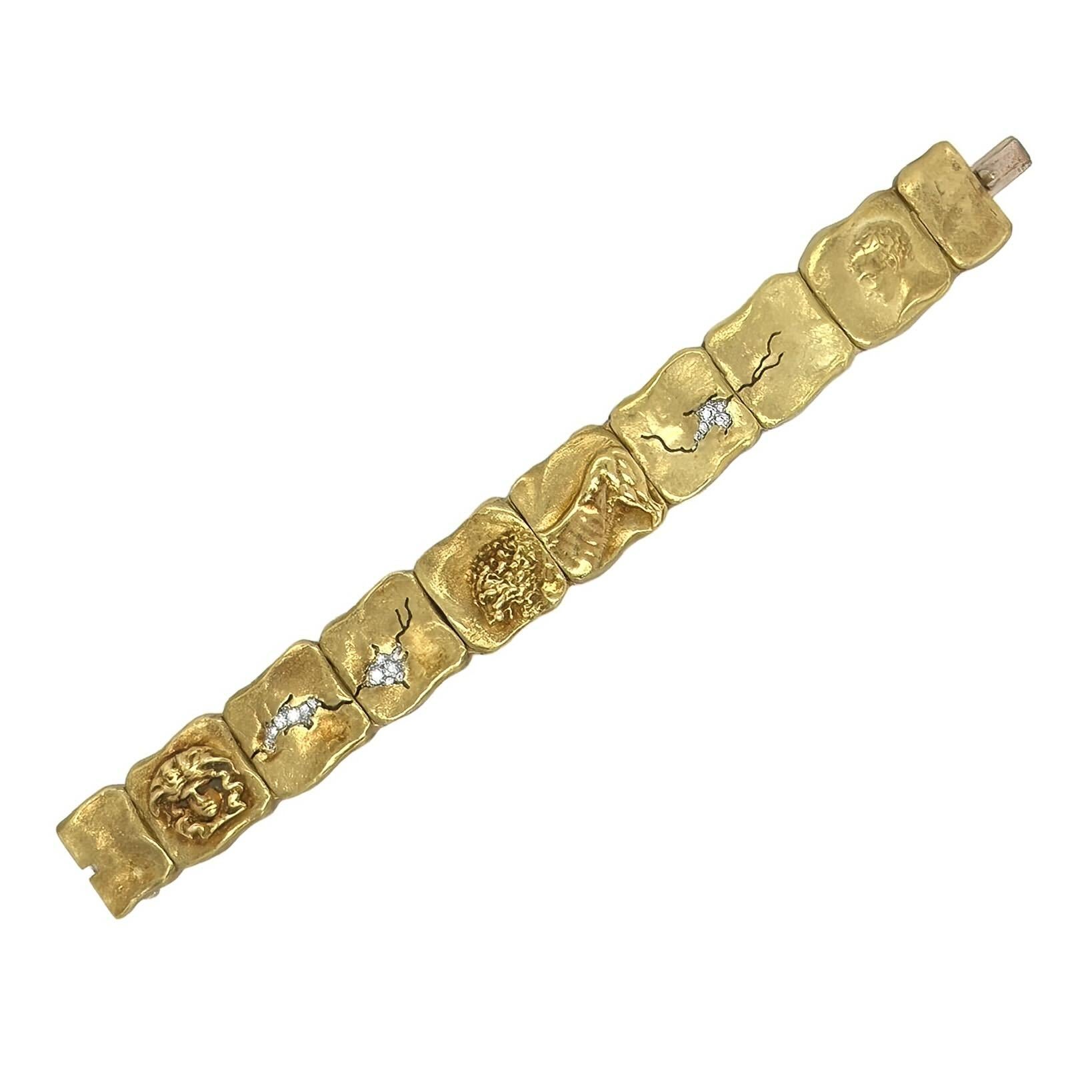 An 18 karat yellow gold and diamond bracelet, SeidenGang.  The “Odyssey” bracelet designed as nine gold hinged rustic squares depicting a Medusa head, the Nemean lion and the head of a man in profile, enhanced with 17 platinum set round brilliant