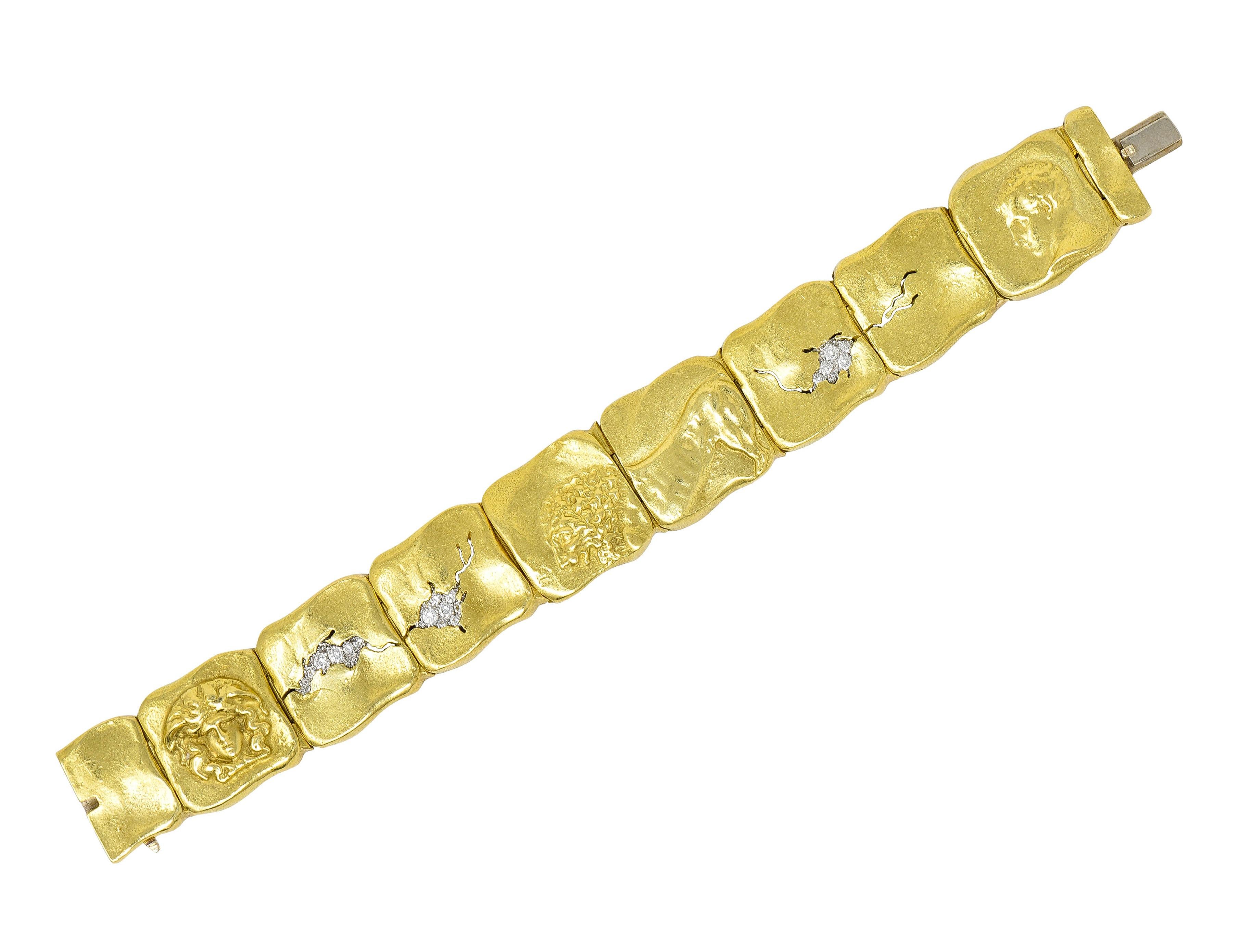 Link bracelet is comprised of cushion style links

Organic in form with semi-matte finish

Crafted to depict burgeoning cracks - exposing pavè set round brilliant cut diamonds

Weighing in total approximately 0.50 carat with G/H color with VS
