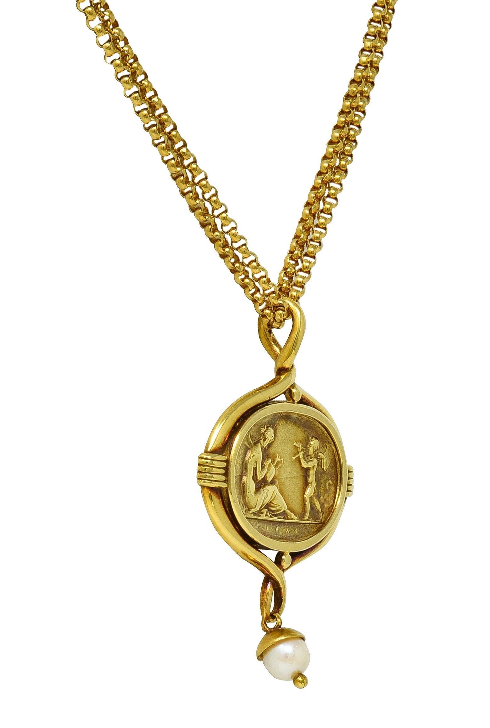 Donna SeidenGang, collana con ciondolo in oro 18 carati con cupido vintage e cammeo classico in vendita