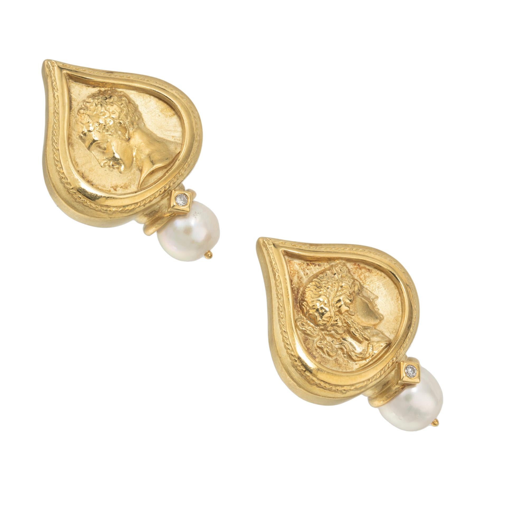 Original SeidenGang 18k yellow gold clip post earrings with tow bright cultured pearls and tow full cut Diamond accents. These earrings feature two embossed figureheads, one on each earring with a single pearl and a small diamond to accentuate the