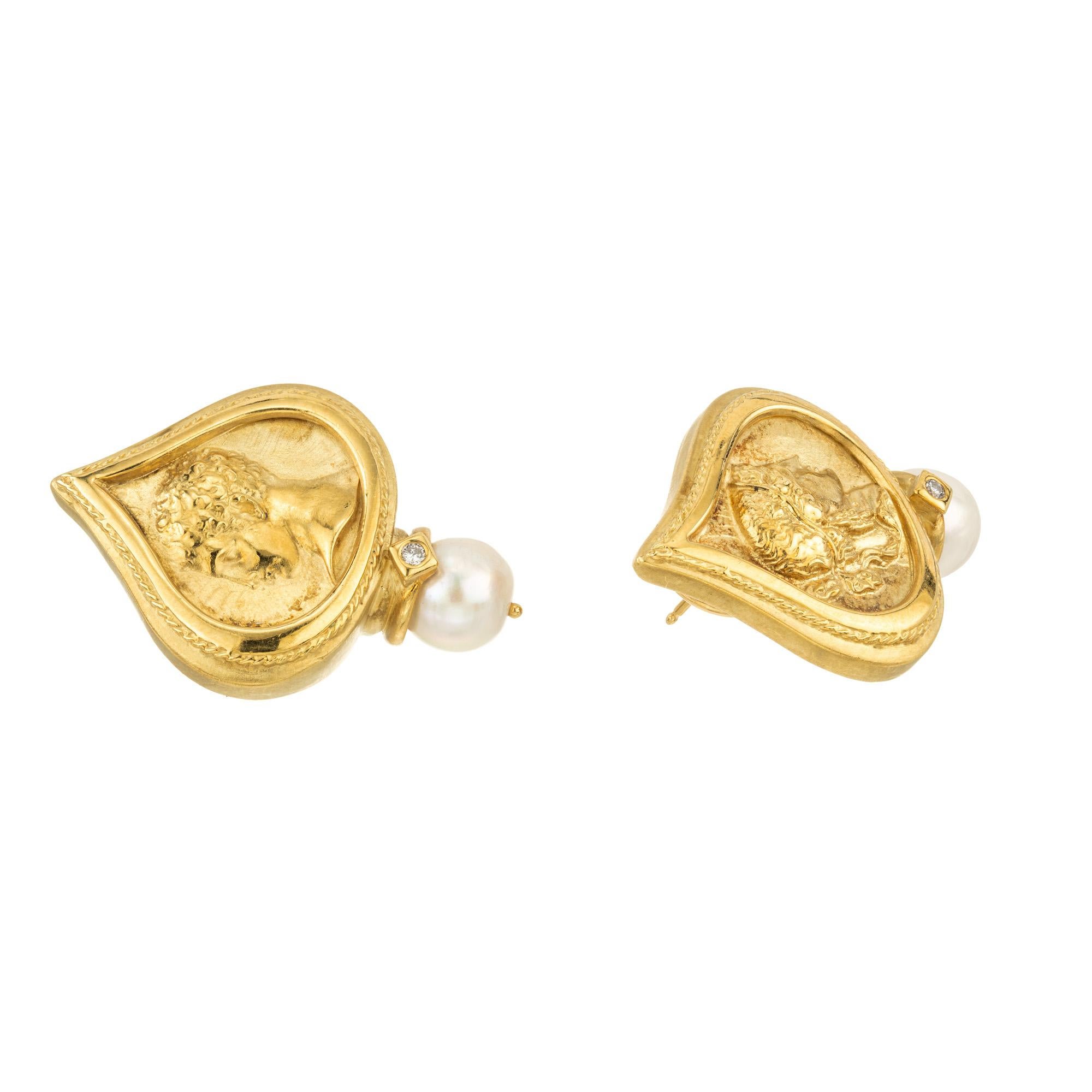 Round Cut SeidenGang Pearl Diamond Yellow Gold Clip Post Earrings For Sale