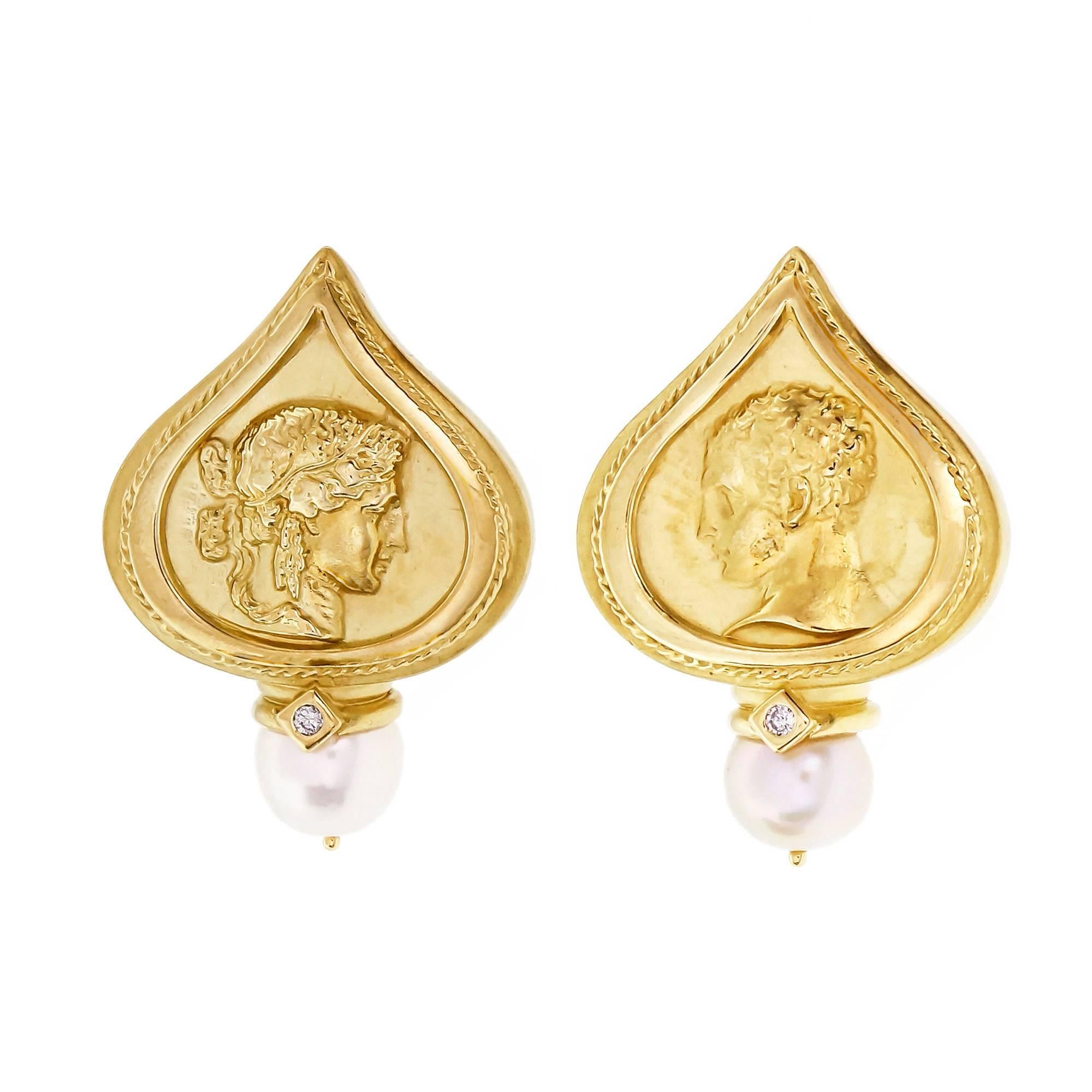 SeidenGang Pearl Diamond Yellow Gold Clip Post Earrings For Sale