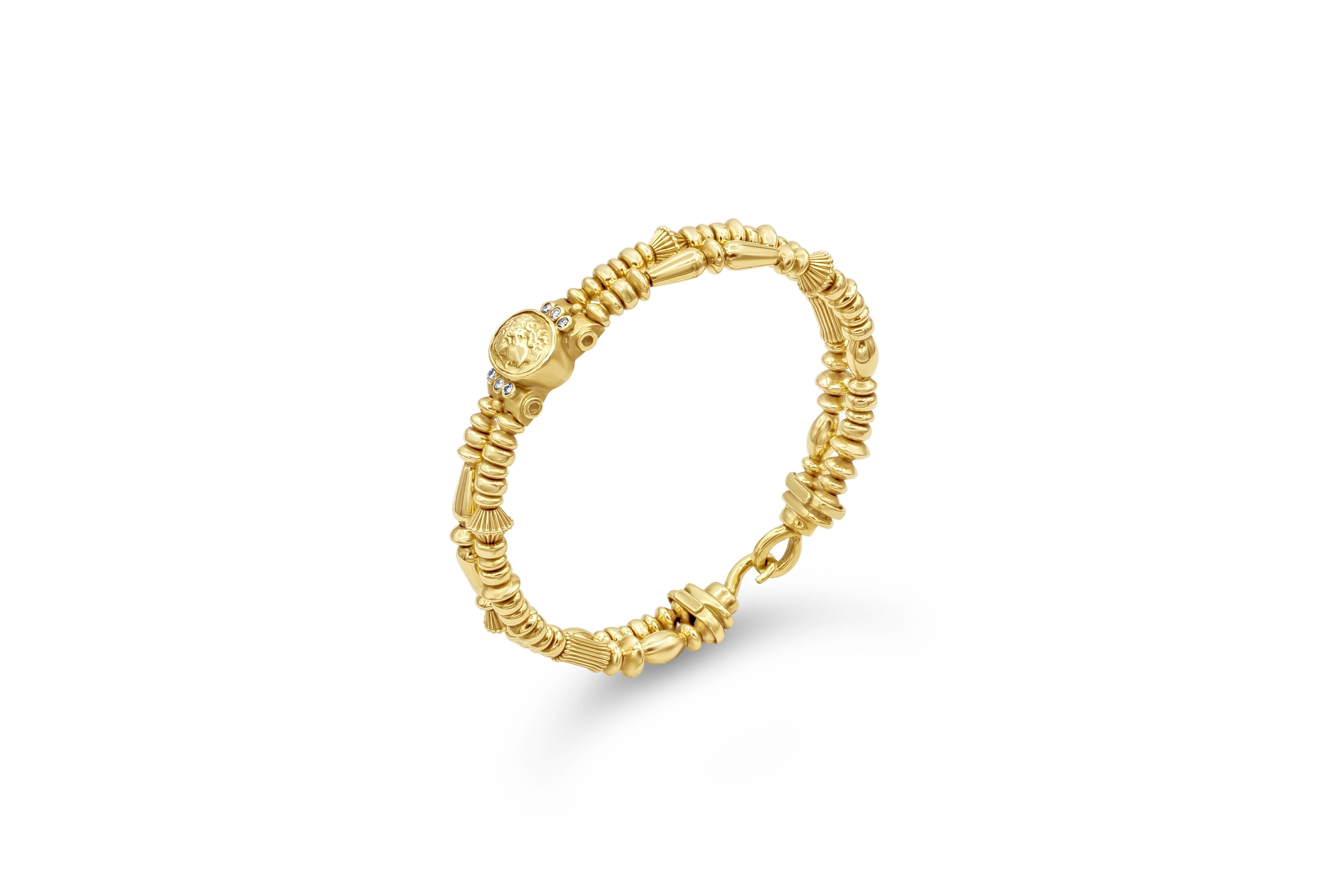 A unique and beautiful bracelet showcasing a side profile of a Roman man made in 18K Yellow Gold, accented by diamonds on either side. Diamonds weigh 0.12 carats total. Double row design made in 18K Yellow Gold. Signed by Seidengang.