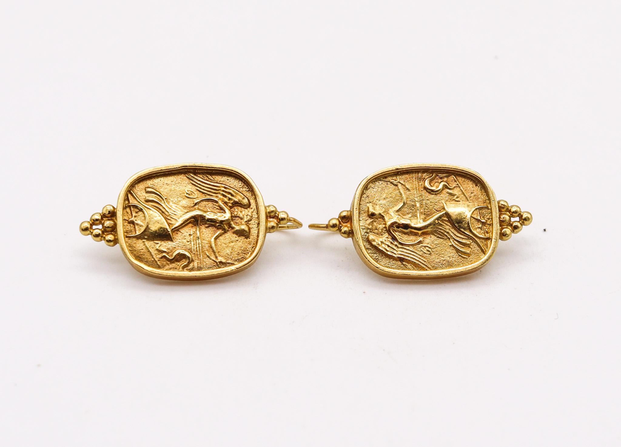 Roman revival earrings designed by SeidenGang.

Beautiful vintage pieces, made by the jewelry designer's SeidenGang. These pair of drop earrings was part of the iconic Etruscan-Roman revivals collection, the design depicts the draped winged figure