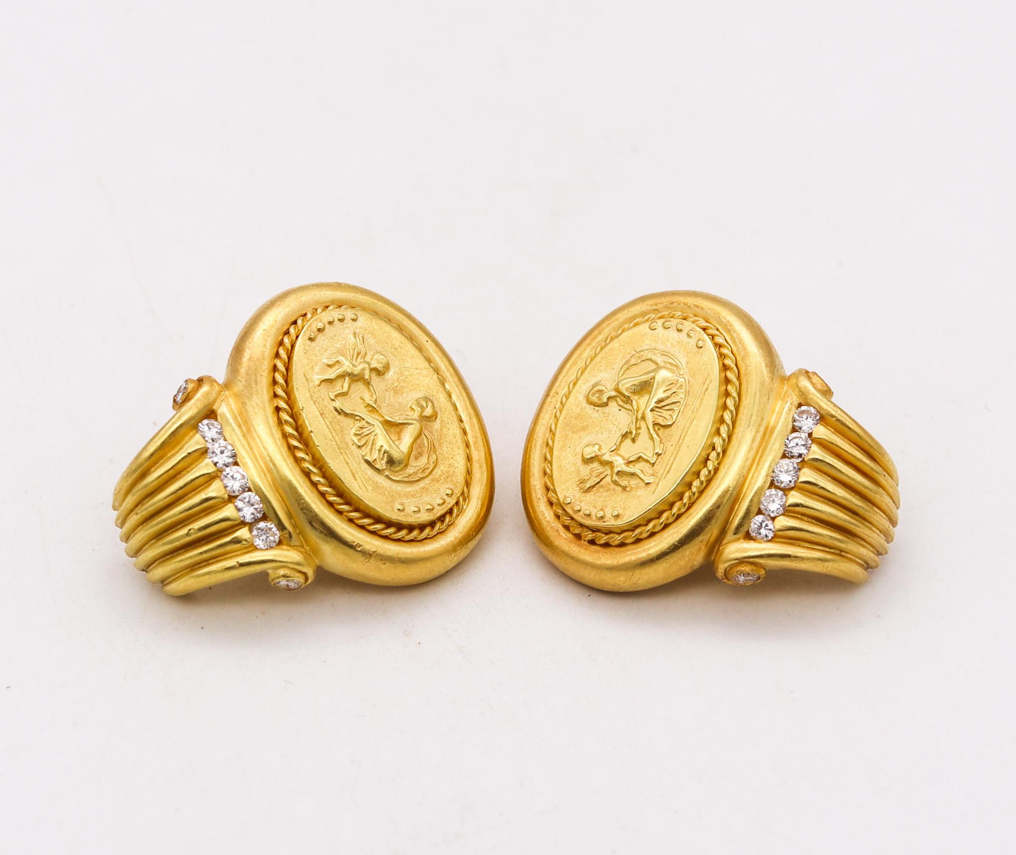 Etruscan Revival SeidenGang Roman Revival Classic Earrings In 18Kt Yellow Gold With VS Diamonds For Sale