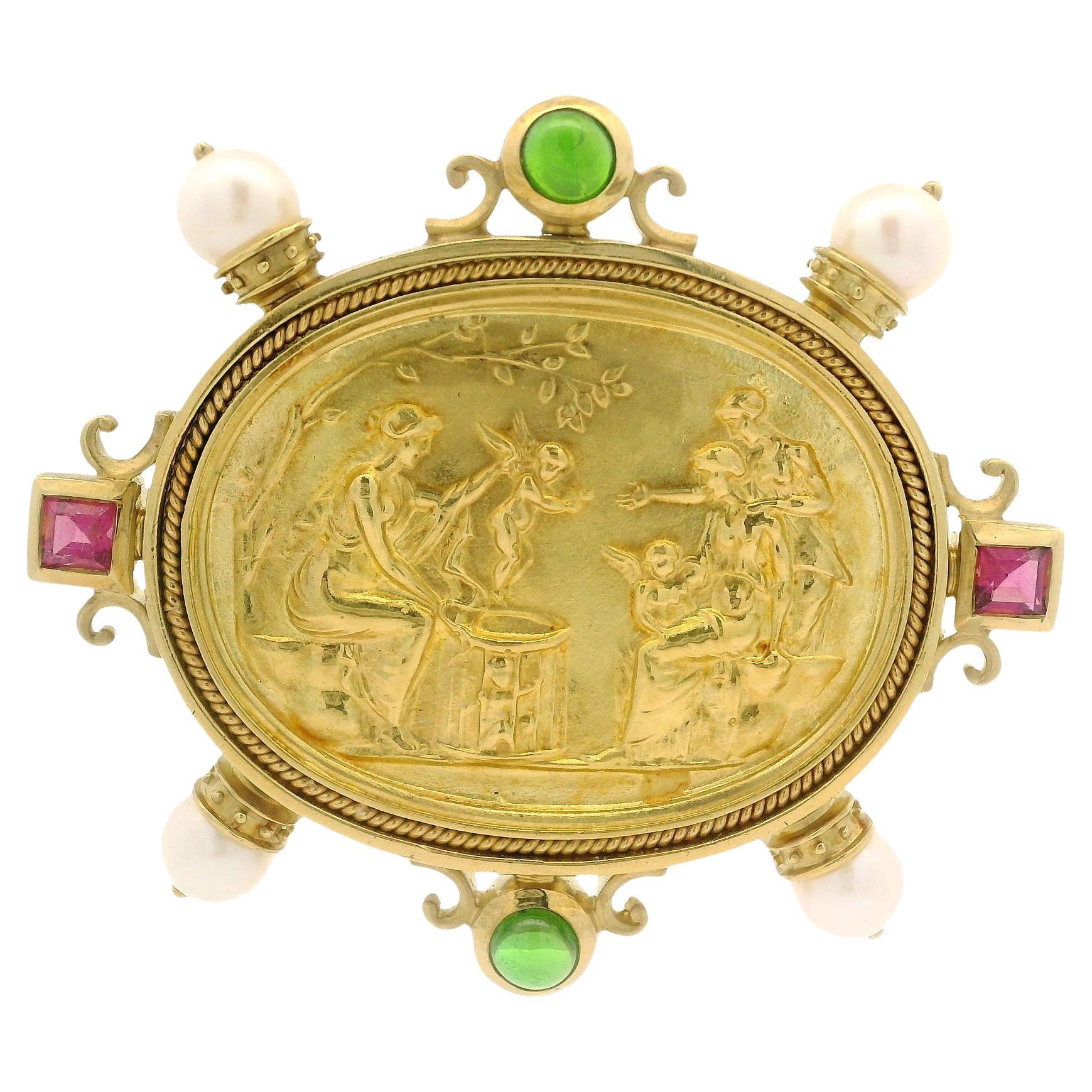SeidenGang Or Jaune Solide Pendentif Scène de Camée en Or avec Perles Détaillées